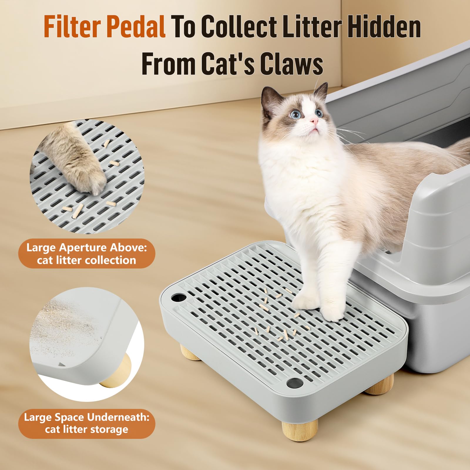 Scala per gatto rialzata, gradini per lettiera con piedini in legno, pedale di filtraggio per lettiera per gatti, ideale per gattini e gatti anziani (Grigio chiaro)