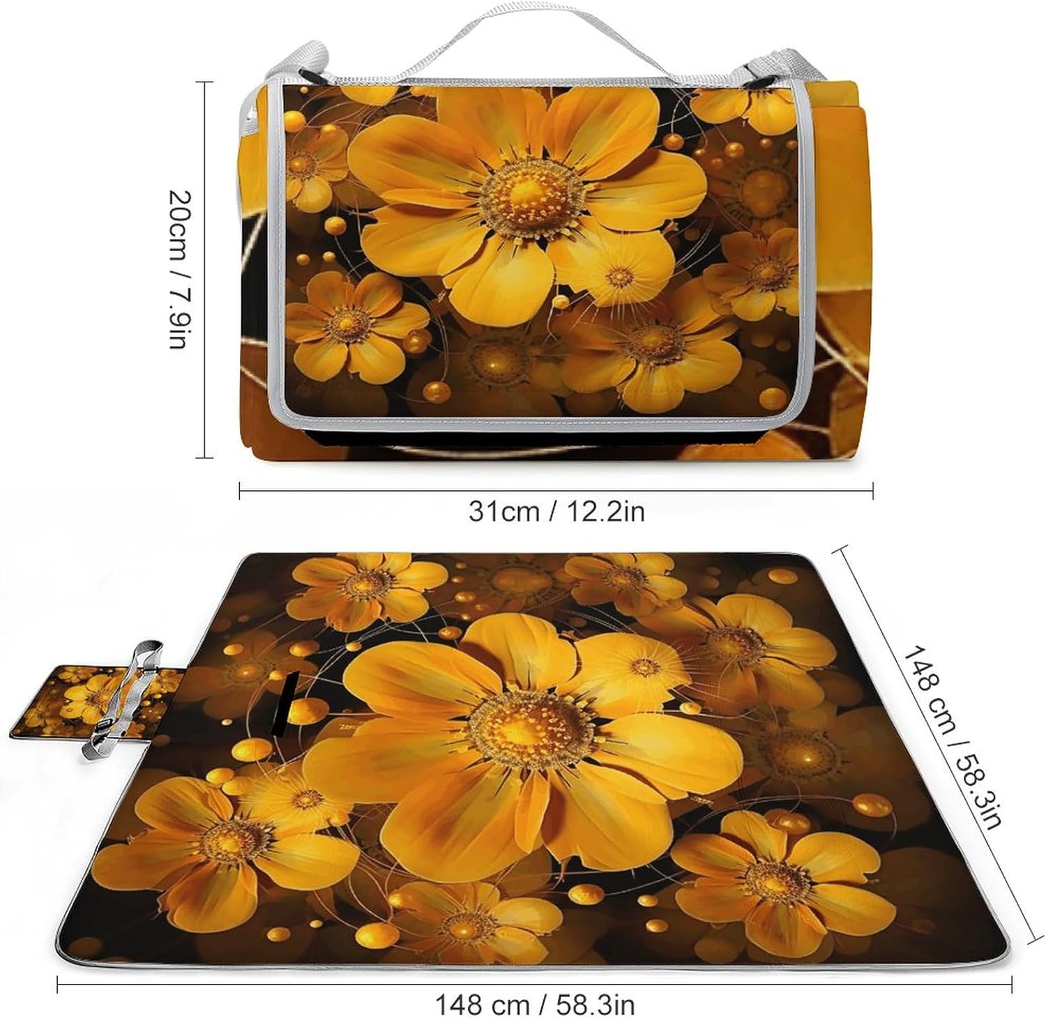 Outdoor Picnic Blanket Extra Large Beach Blanket Waterproof Picnic Mat Beautiful Yellow Flowers Camping Blanket Portable with Carry Strap Park Blanket for Grass Camping Park