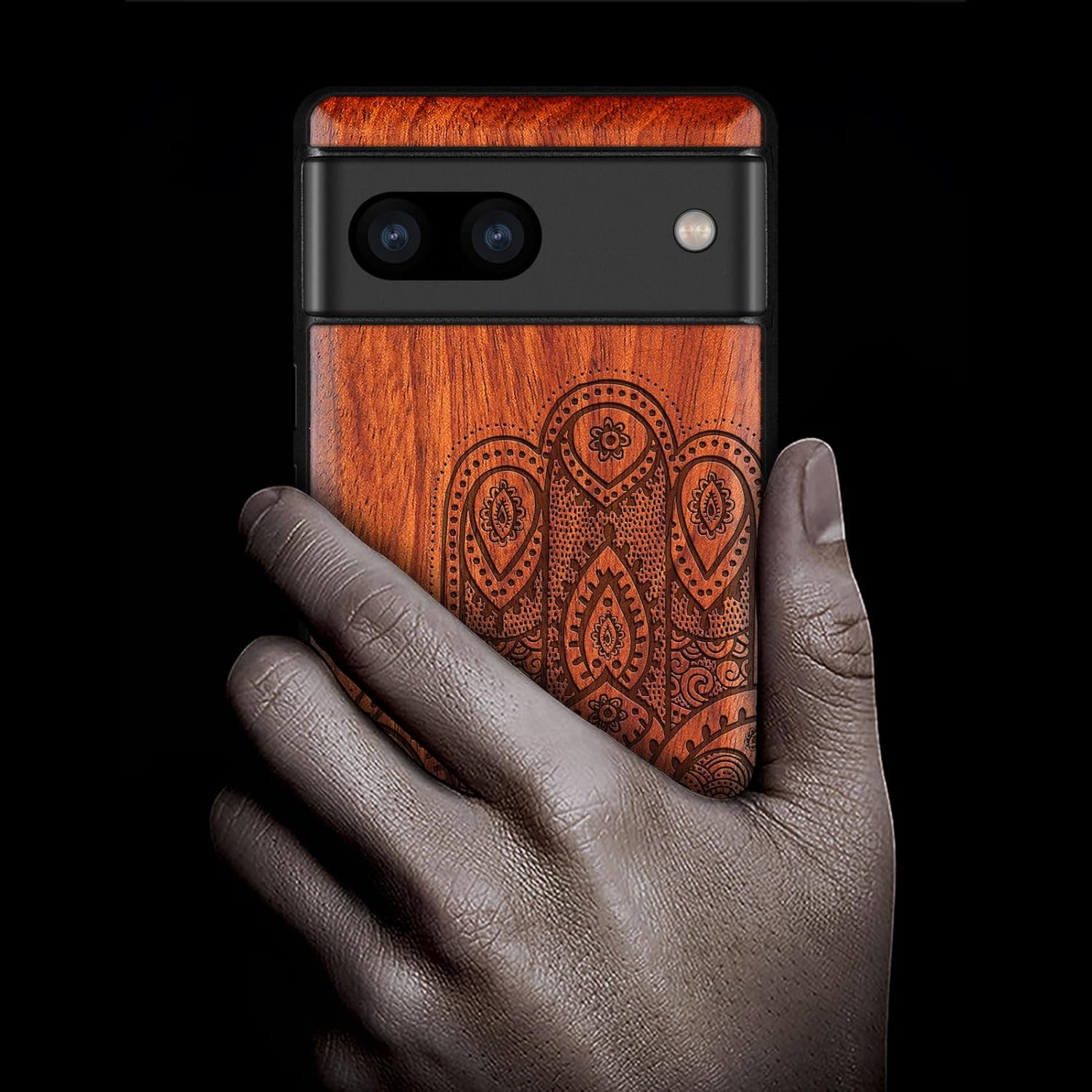 Carveit Wood Case for Pixel 8 Case [Natural Wood & Black Soft TPU] Shockproof Protective Unique Wooden Cover Compatible with Google Pixel 8 (Hamsa Hand-Rosy)