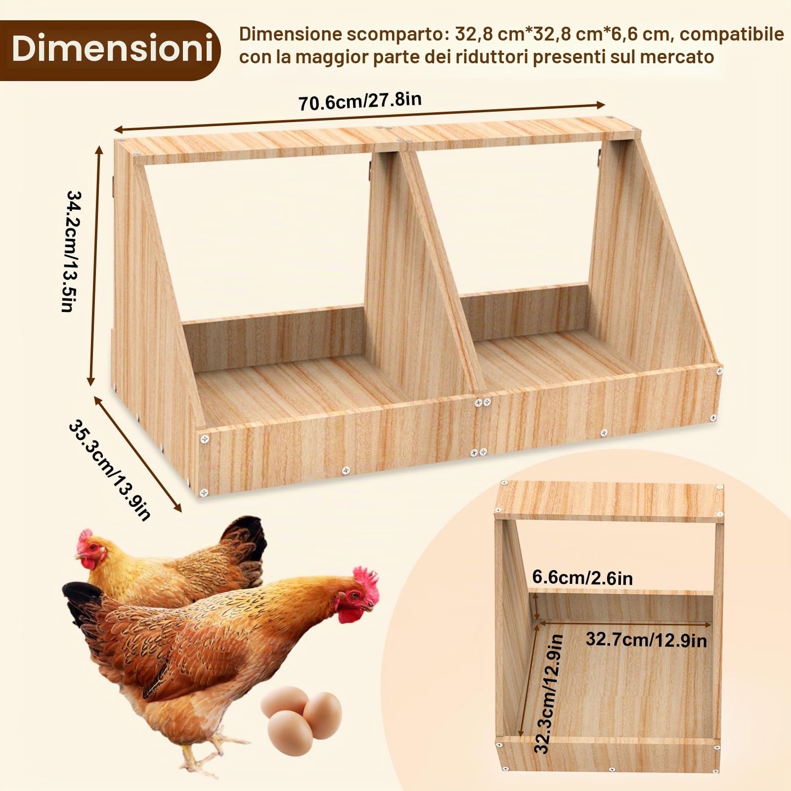 Nido per galline ovaiole a 2 posti, con un cesto più capiente per le uova di gallina in legno, nido di pollo per montaggio a parete con pittura impermeabile, 35,3 x 35,3 x 34,2 cm