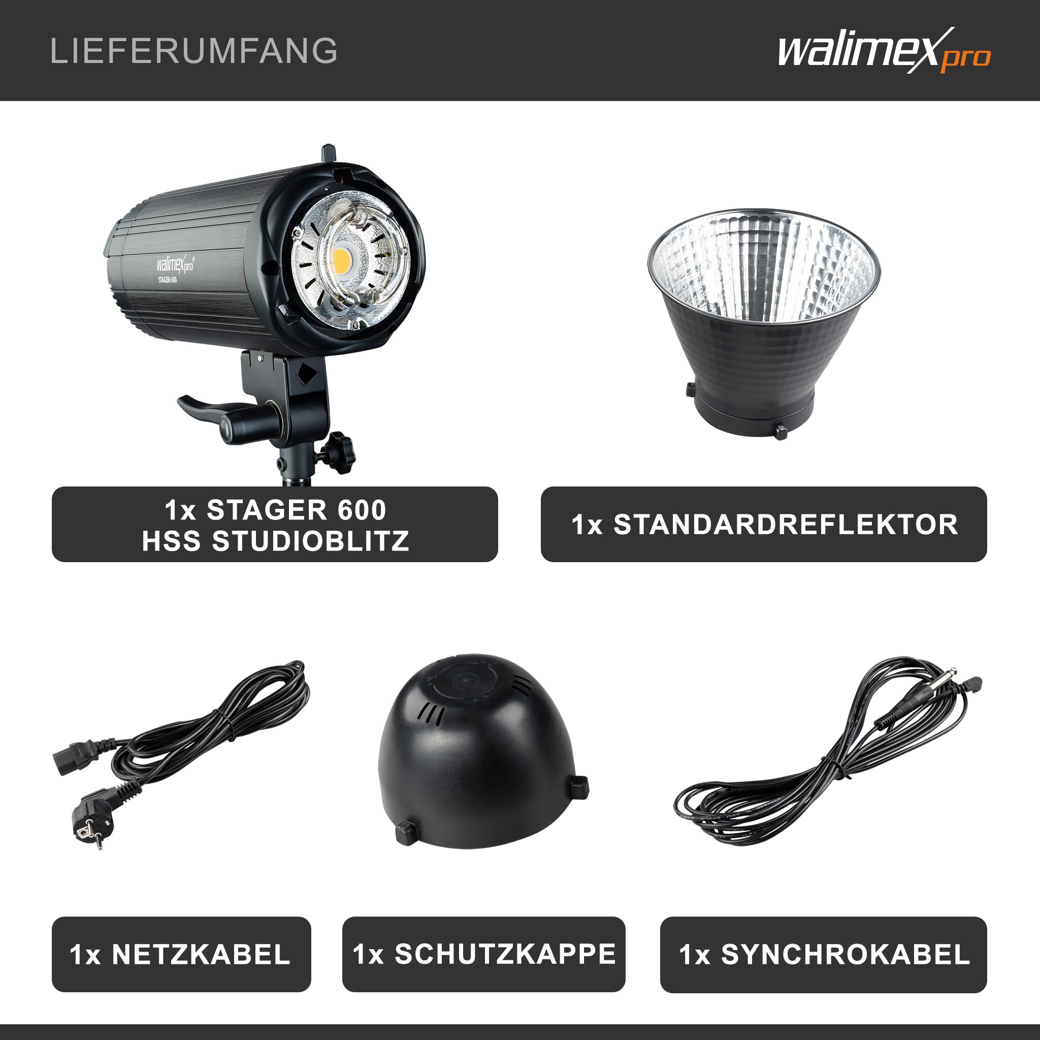 Walimex pro Campaigner 600 HS Studioblitz mit integriertem 2,4 GHz Empfänger, Blitzgerät 600 Ws mit Reflektor, Fotoblitz mit schneller Abbrennzeit, LED-Einstelllicht und Bedienpanel