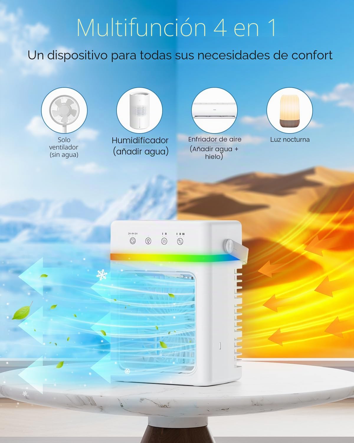 Mini Aire Acondicionado Portatil 3 en 1, Enfriador de Aire 900ML con 3 Velocidades de Aire, 3 Niveles de Neblina, Temporizador 2/4/6H, Luz de Ambiente, USB 10W, Ideal para Habitación, Oficina y Viajes