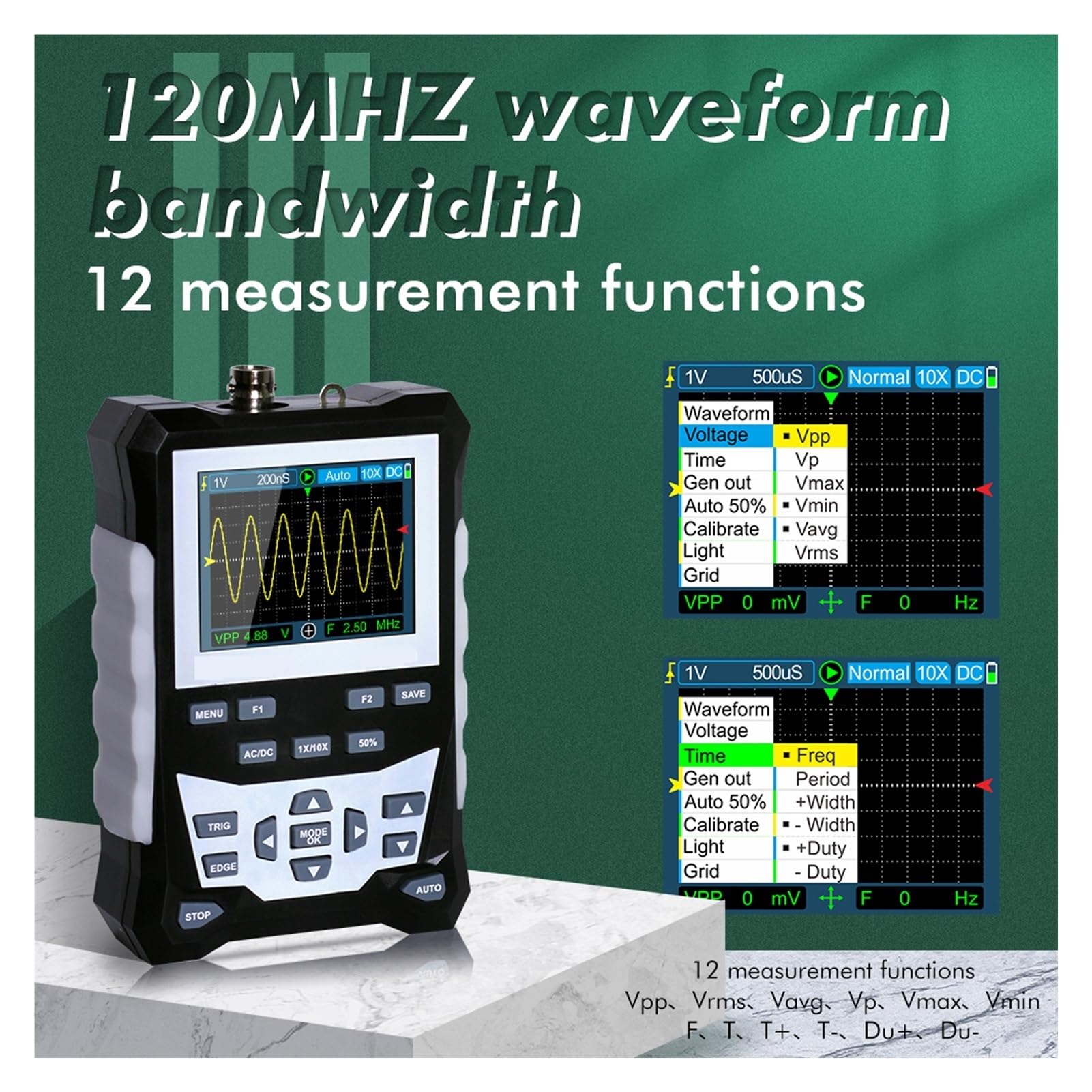 Osciloscopio digital profesional 120MHz Ancho de banda 500MSa/s Tasa muestreo con retroiluminación Facilidad De MedicióN