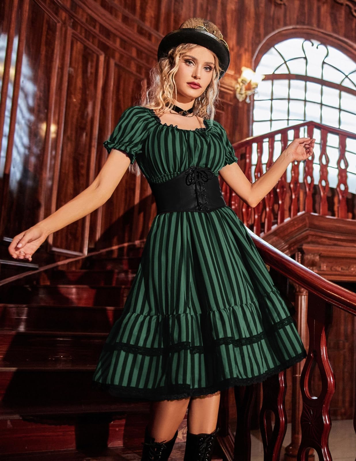 SCARLET DARKNESS Gothic Pirate Corset Dress for Women Summer Vintage Square Neck Renaissance Dresses: Medium Green Black Stripe