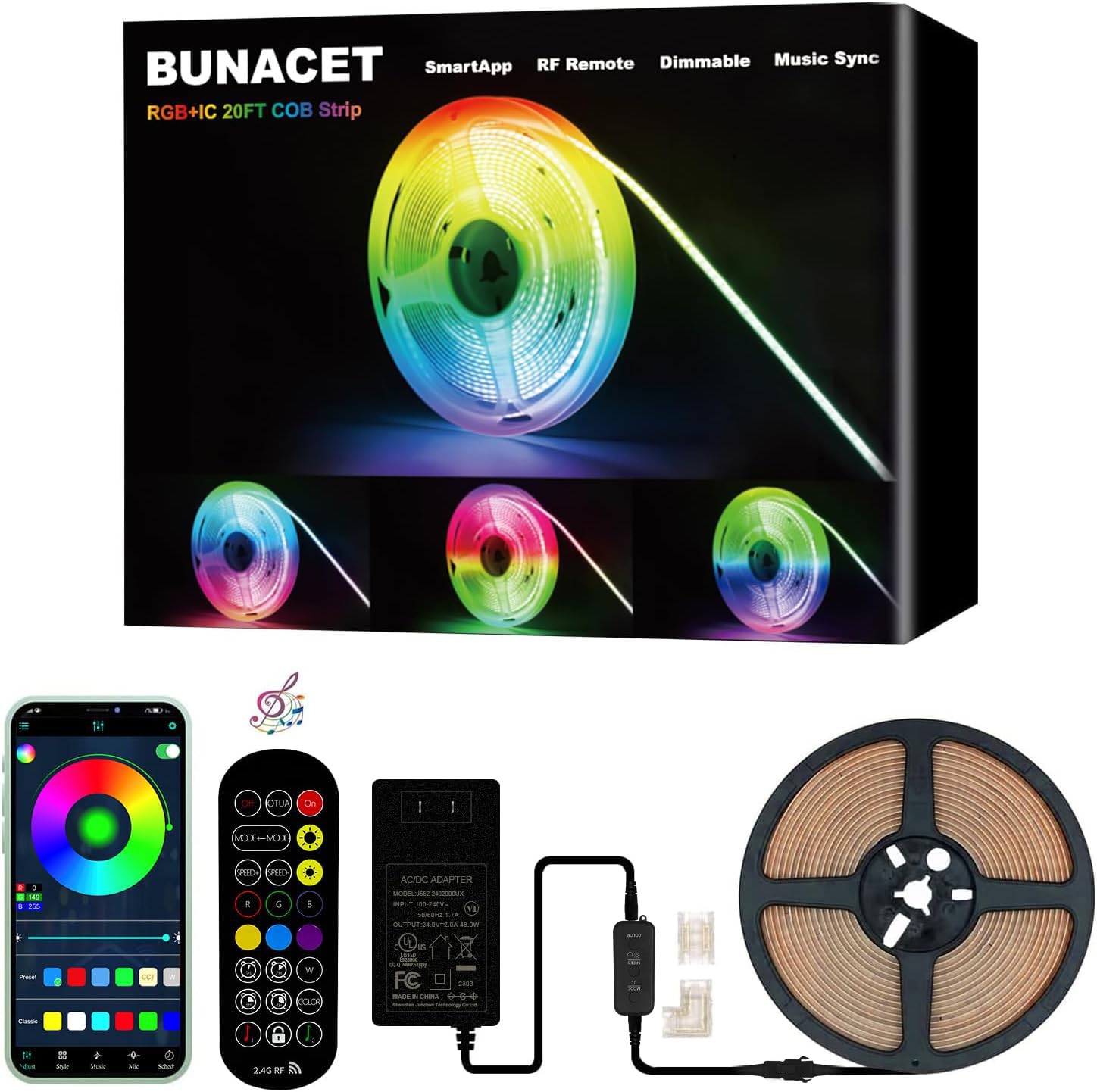 BUNACET RGB+IC COB LED Streifen Strip 6M 24V Dimmbar, Lichtband LED Band Leiste Lichtleiste Selbstklebend mit Netzteil RF Fernbedienung & App-Steuerung, Musik Sync für Küche Schlafzimmer Deko