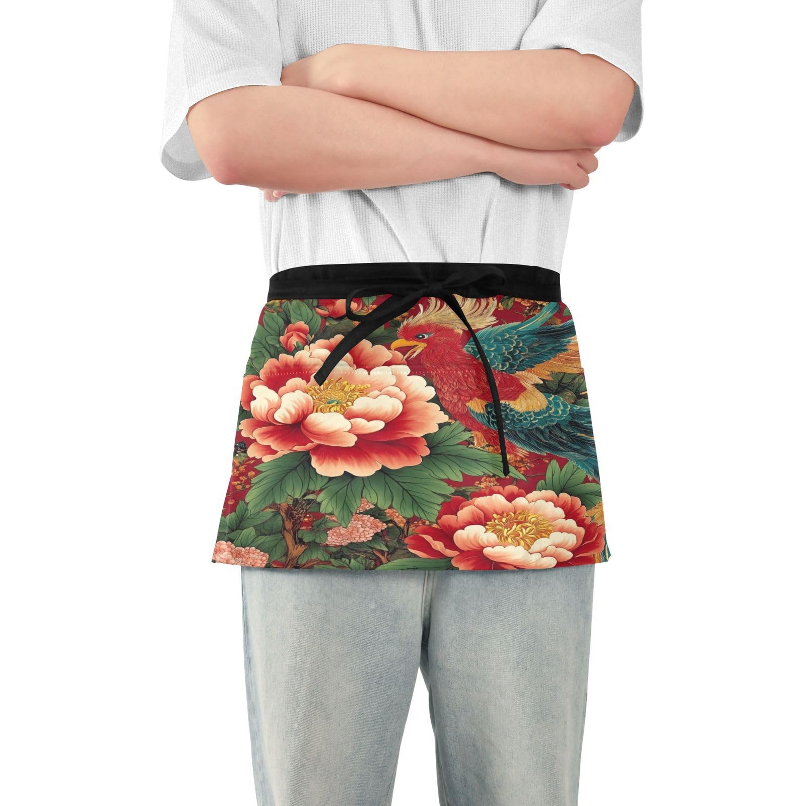 Kigai Peony Phoenix Server Aprons for Men Women Water & Oil Resistant Waitress Waiter Waist Apron with 3 Pockets