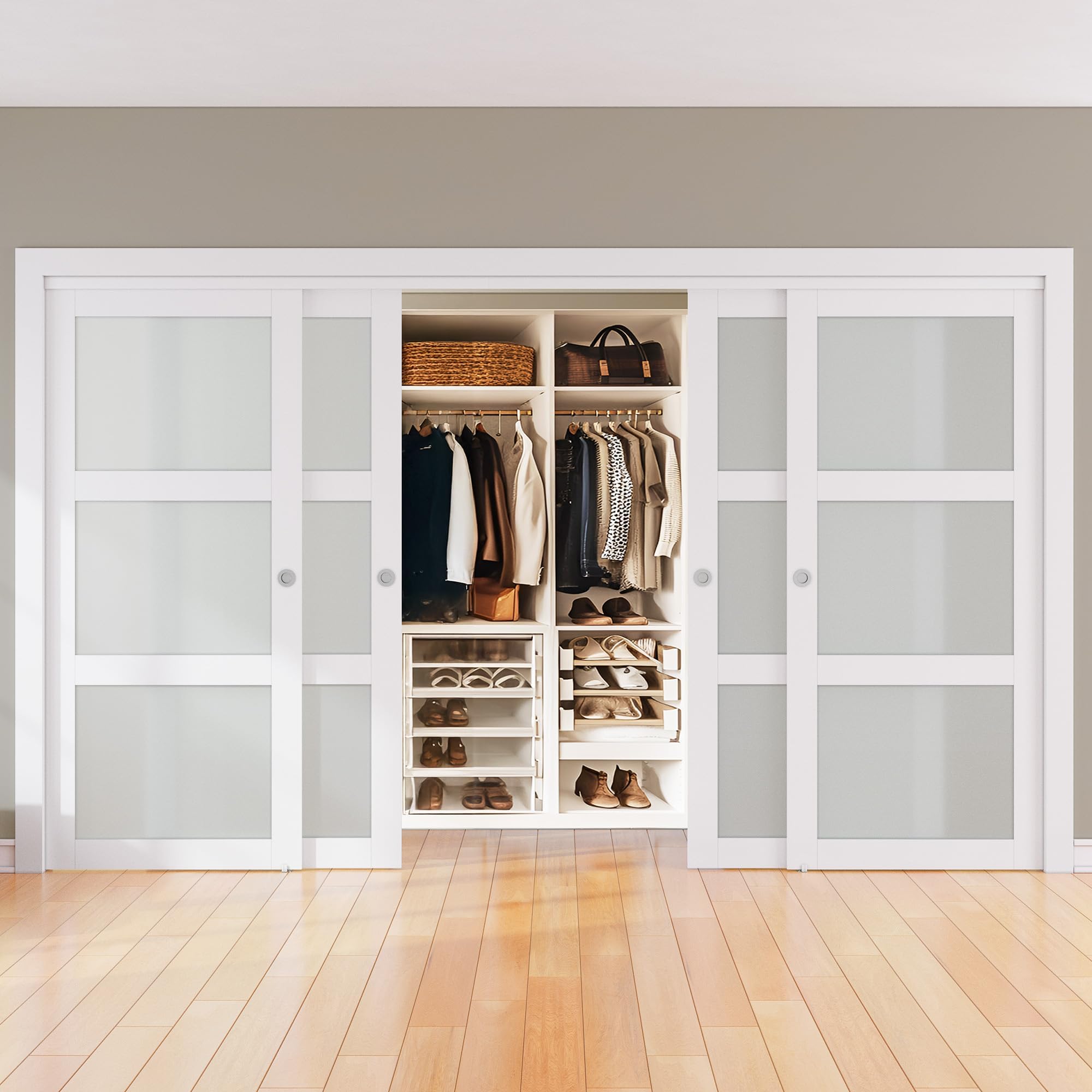 SMARTSTANDARDSliding Closet Door, 144"×80"(Double Barn Doors 72"), Double Frosted 3 Panel Glass Sliding Door with Hardware Kit, Pre-Drilled Door Panel, Need to Assemble, MDF with PVC Surface, White