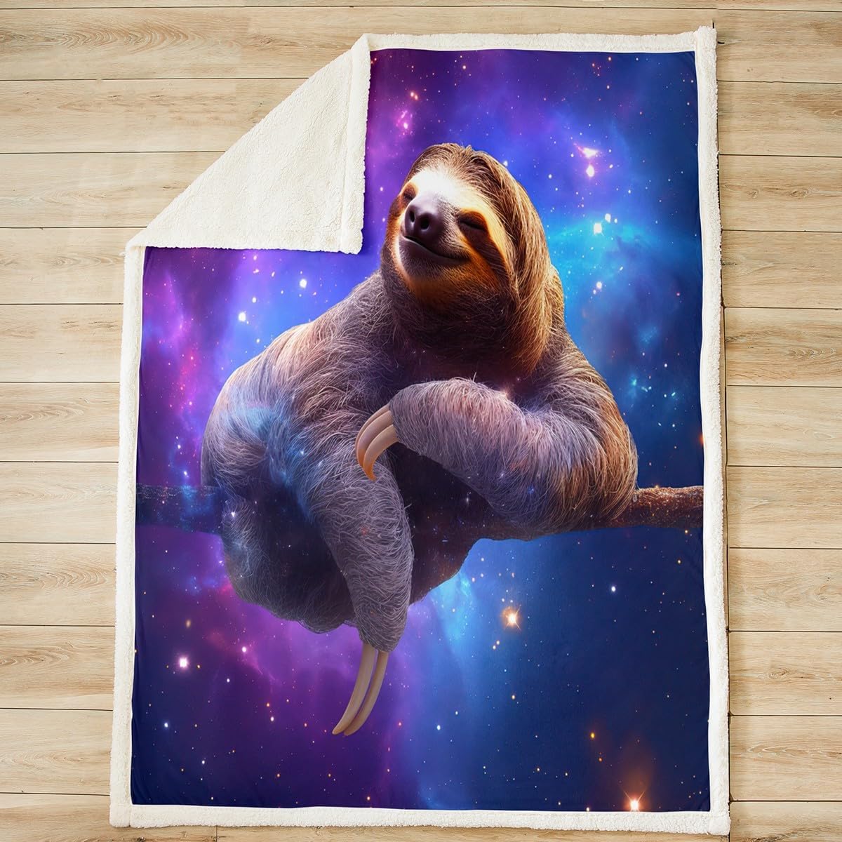 Cute Sloth Plush Blanket 3D Funny Animal Galaxy Fleece Blanket Chic Purple Blue Starry Sky Sherpa Throw Blanket for Bed Sofa Couch Outer Space Sleeping Sloth Fuzzy Blanket Room Decor Queen 90"x90"