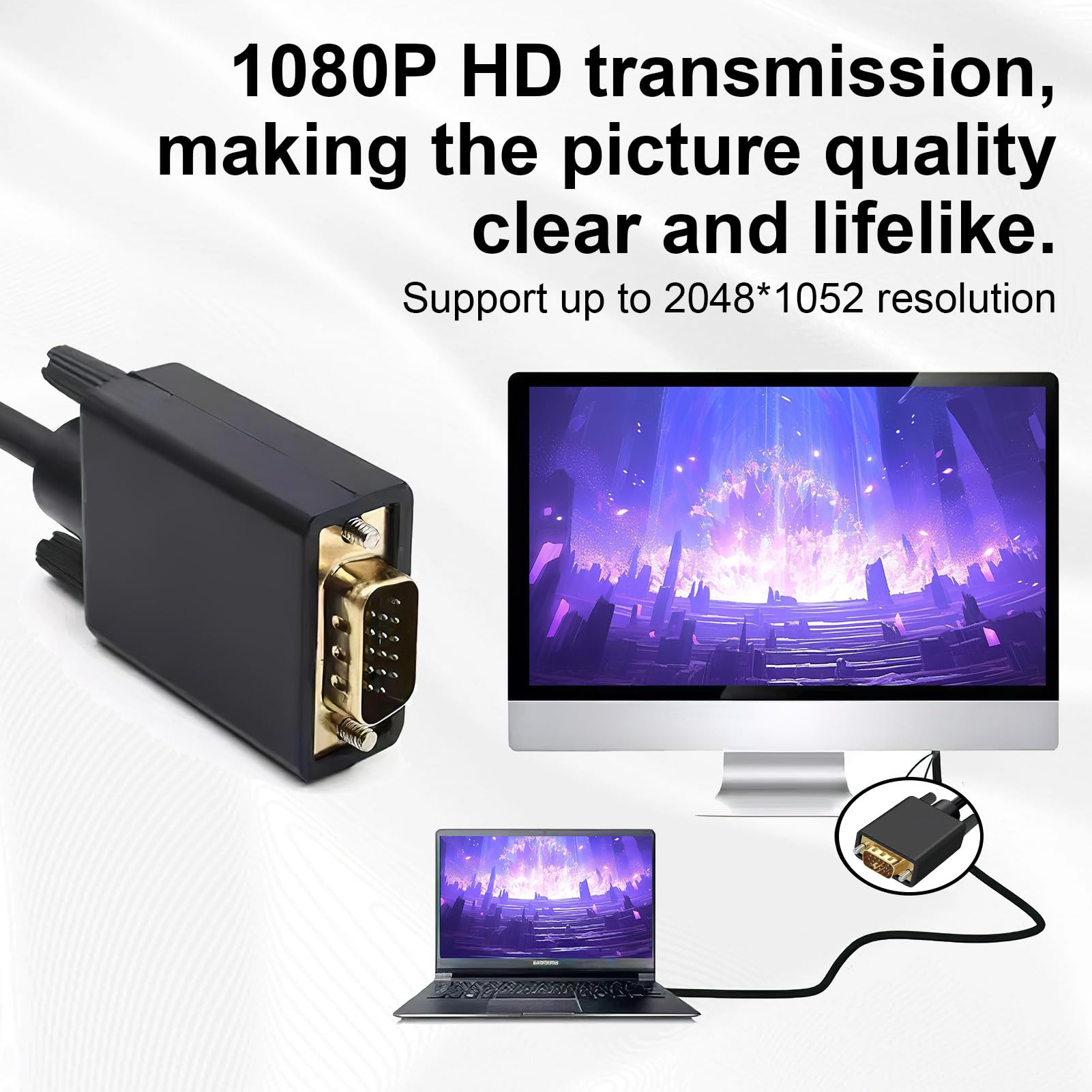 Kabel konwerterowy 1,8 m, przejściówka HDMI na VGA, męski HDMI na VGA Male, wytrzymały z obudową ze stopu aluminium, pleciony nylonem, obsługuje 1080P/60 Hz