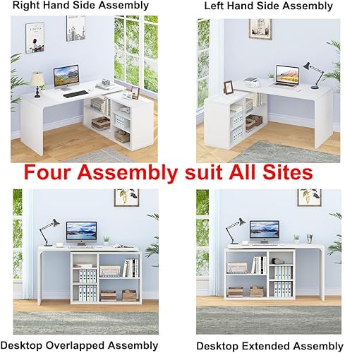 Miniatura 4 de HSH Escritorio blanco en forma de L con estante, estación de trabajo reversible y moderna para oficina en casa, escritorio para computadora