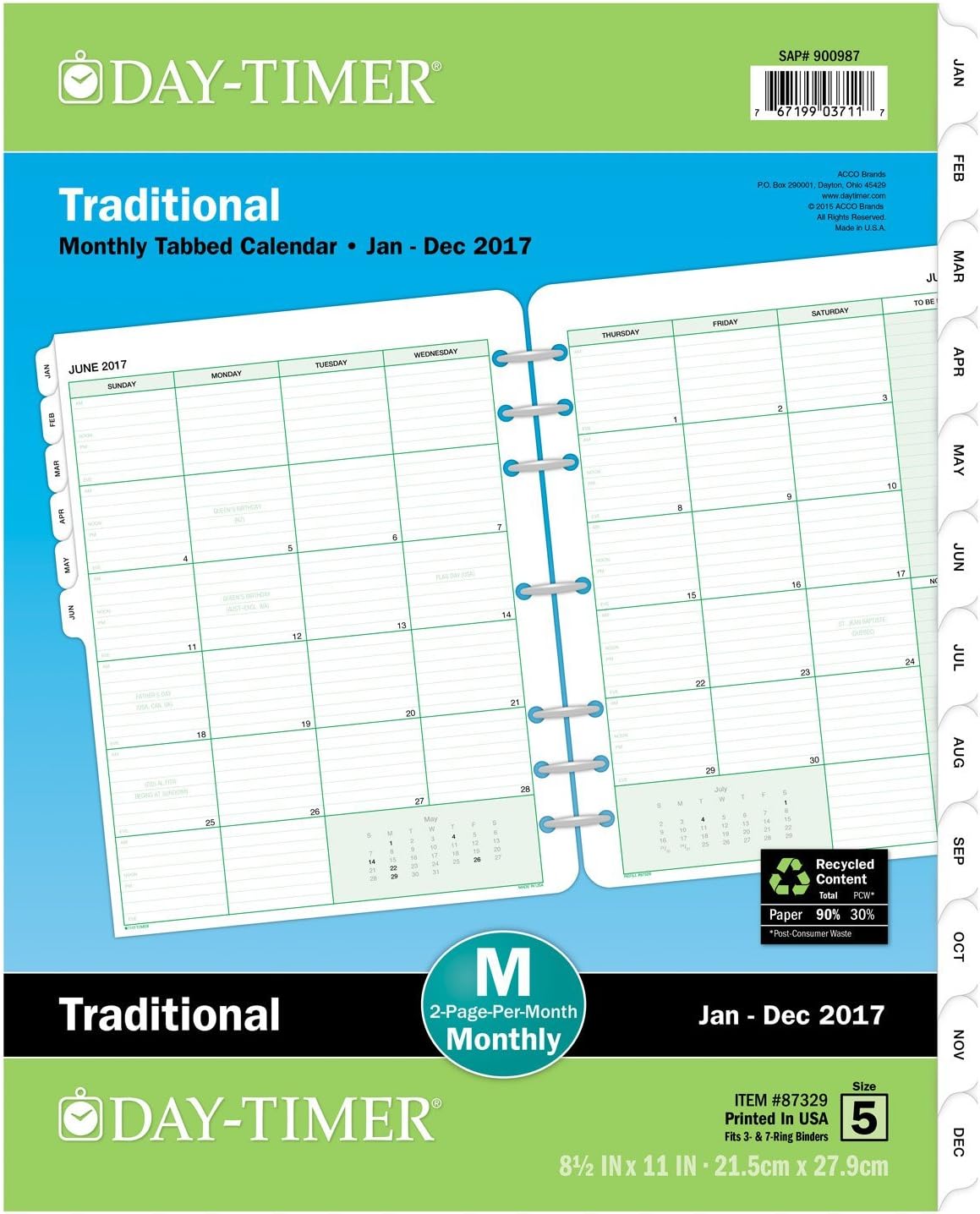 DayTimer Monthly Planner Refill 2017, Two Page Per Month