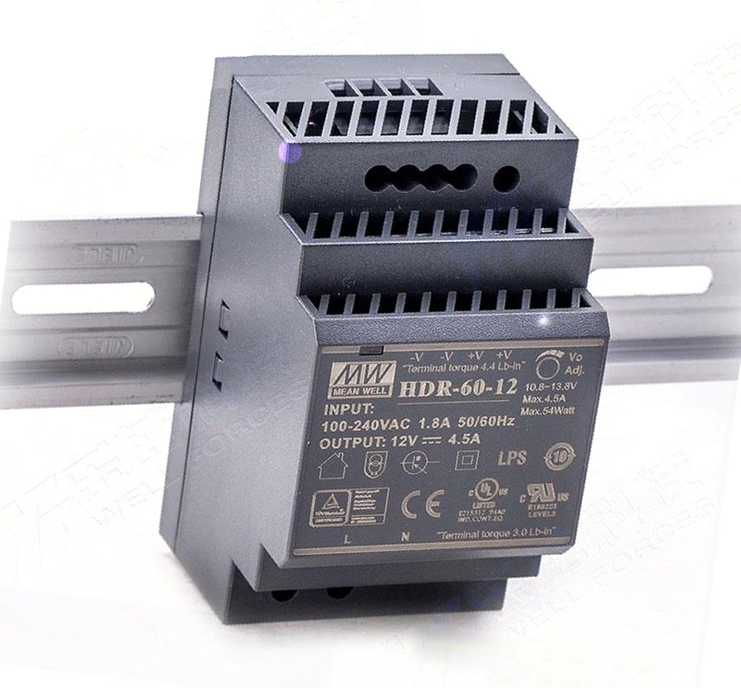 MW Plastic Case HDR-60W-12/15/24/48/5V Step Shape Class II Ultra Slim Step Shape DIN Rail AC-DC Single Output Power Supply (HDR-60-12)