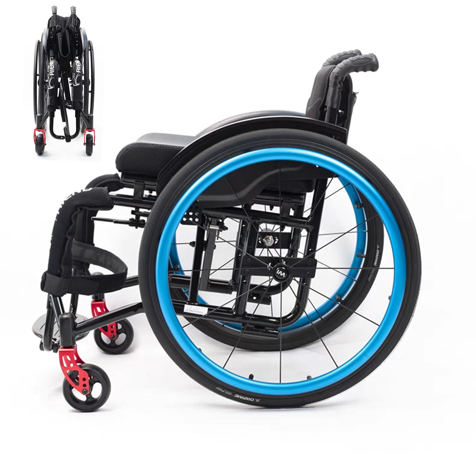 Sportowy Składany Wózek Inwalidzki, Lekki Wytrzymały Wózek Inwalidzki, Aluminiowy Wózek Inwalidzki, Składany Wózek Inwalidzki Dla Dorosłych W Każdym Terenie/Blue/Seat Width 40Cm