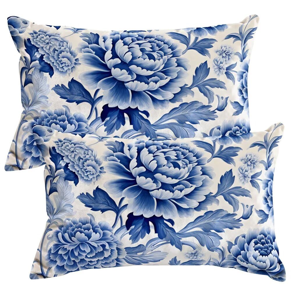 Taie d'oreiller fleurs bleues en velours 50x60 cm lot de 2 housses de coussin