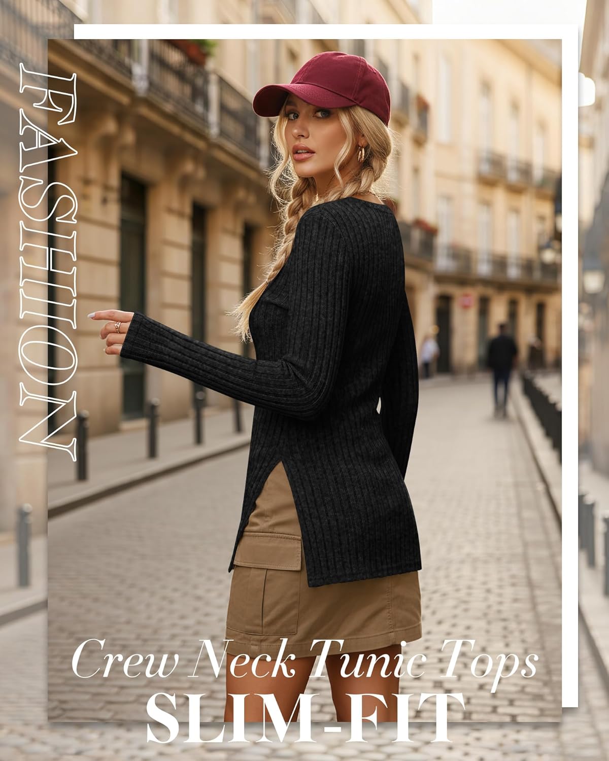 3 Pack Women's Long Sleeve Shirts with Side Split Crew Neck Lightweight Tunic Sweaters Ribbed Casual Fall Tops - Image 2