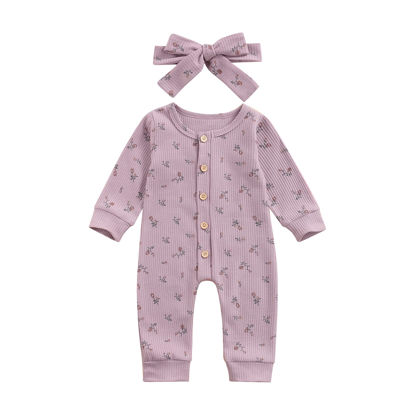 COORALLY Infant Baby Girl Ruffle Jumpsuit Floral Long Sleeve Button Knitted Romper with Headband 2PC Clothes (A-Purple, 3-6 Months)