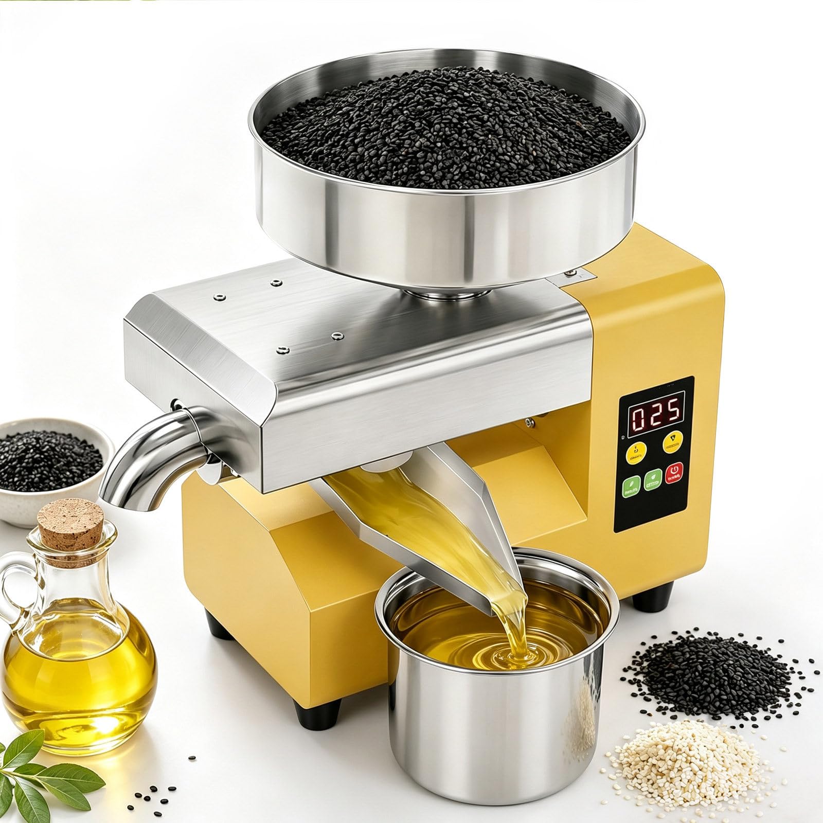 Prensa De Aceite Automática 1500 W, Extracción En Frío Y Caliente | Salida Lateral De Aceite, Elige La Temperatura E Inicia El Prensado, Fácil Para Principiantes Y Usuarios Expertos