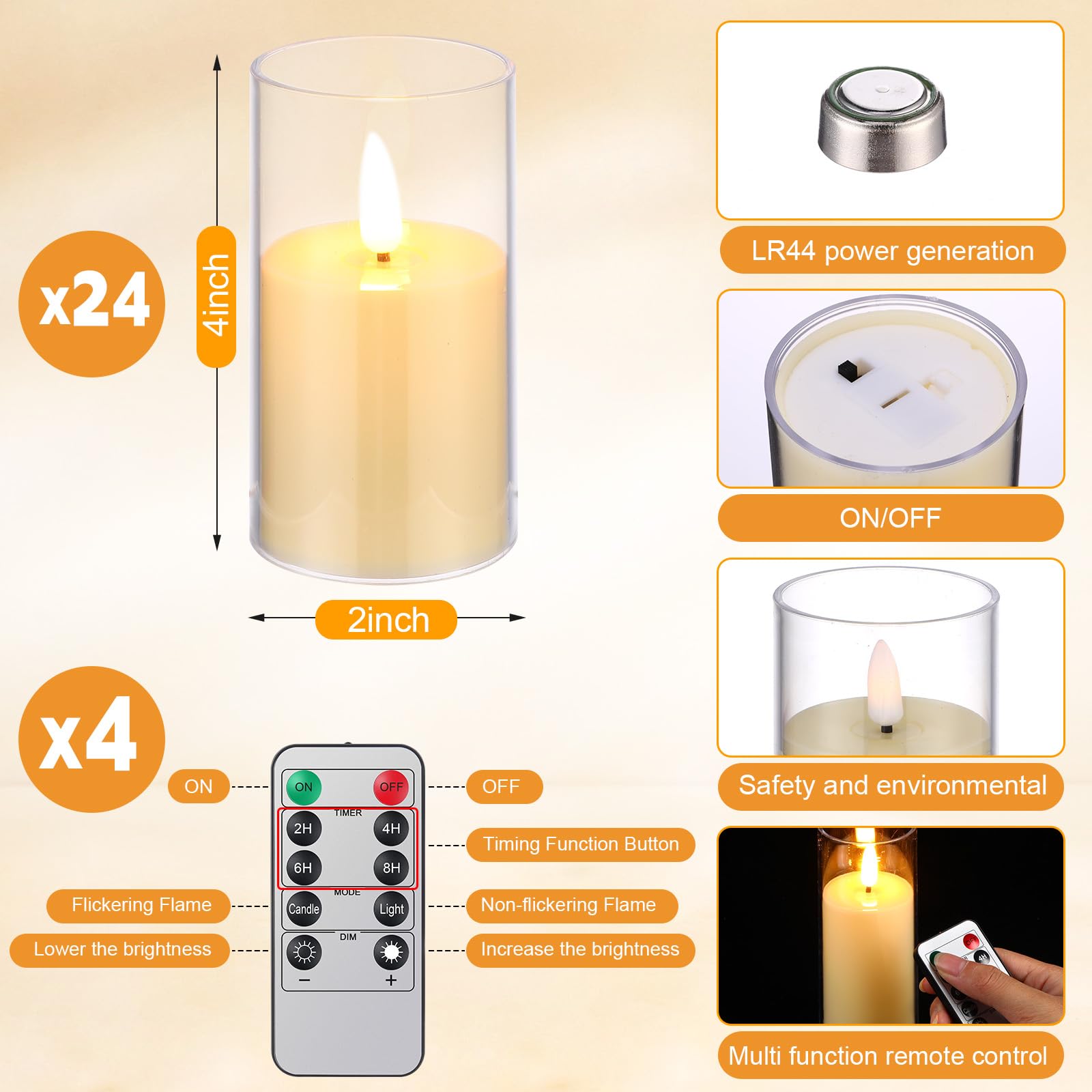 24 Pcs Clear Plastic Flameless Candles Bulk Flickering Candle Battery Operated with 10Key
