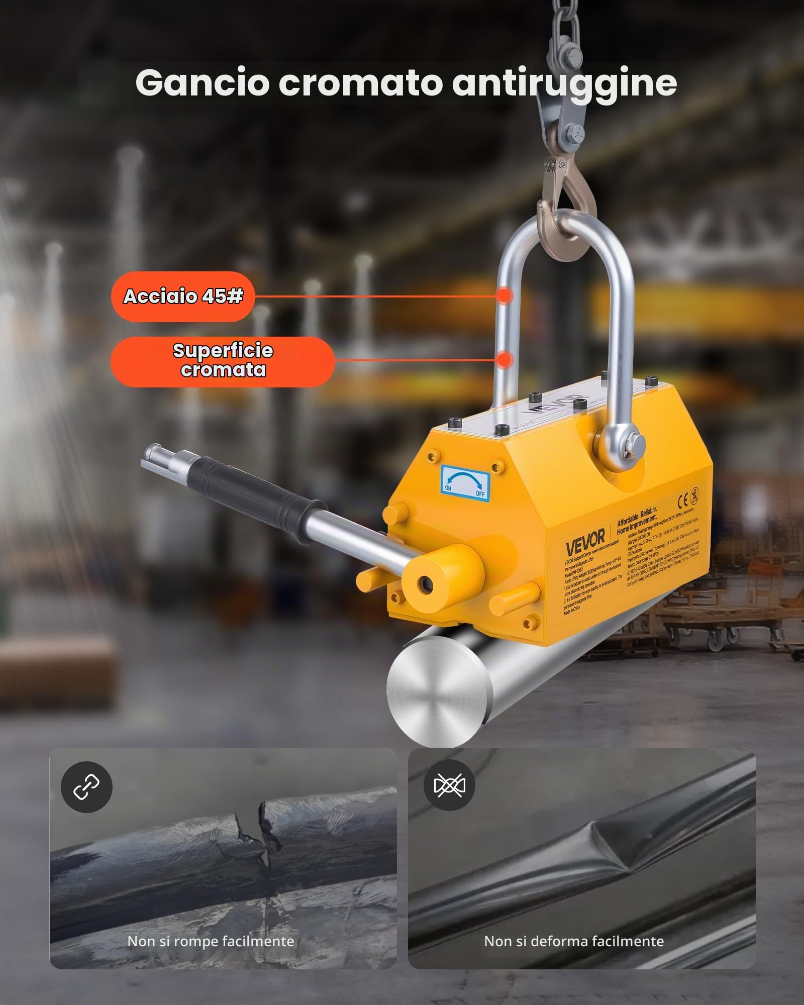 VEVOR Magnete Sollevamento Permanente, Capacità di Trazione 1000 kg, Supporto Magnetico al Neodimio N42, con Maniglia di Rilascio Gancio in Acciaio, Strumento per Movimentazione di Parti in Lamiera