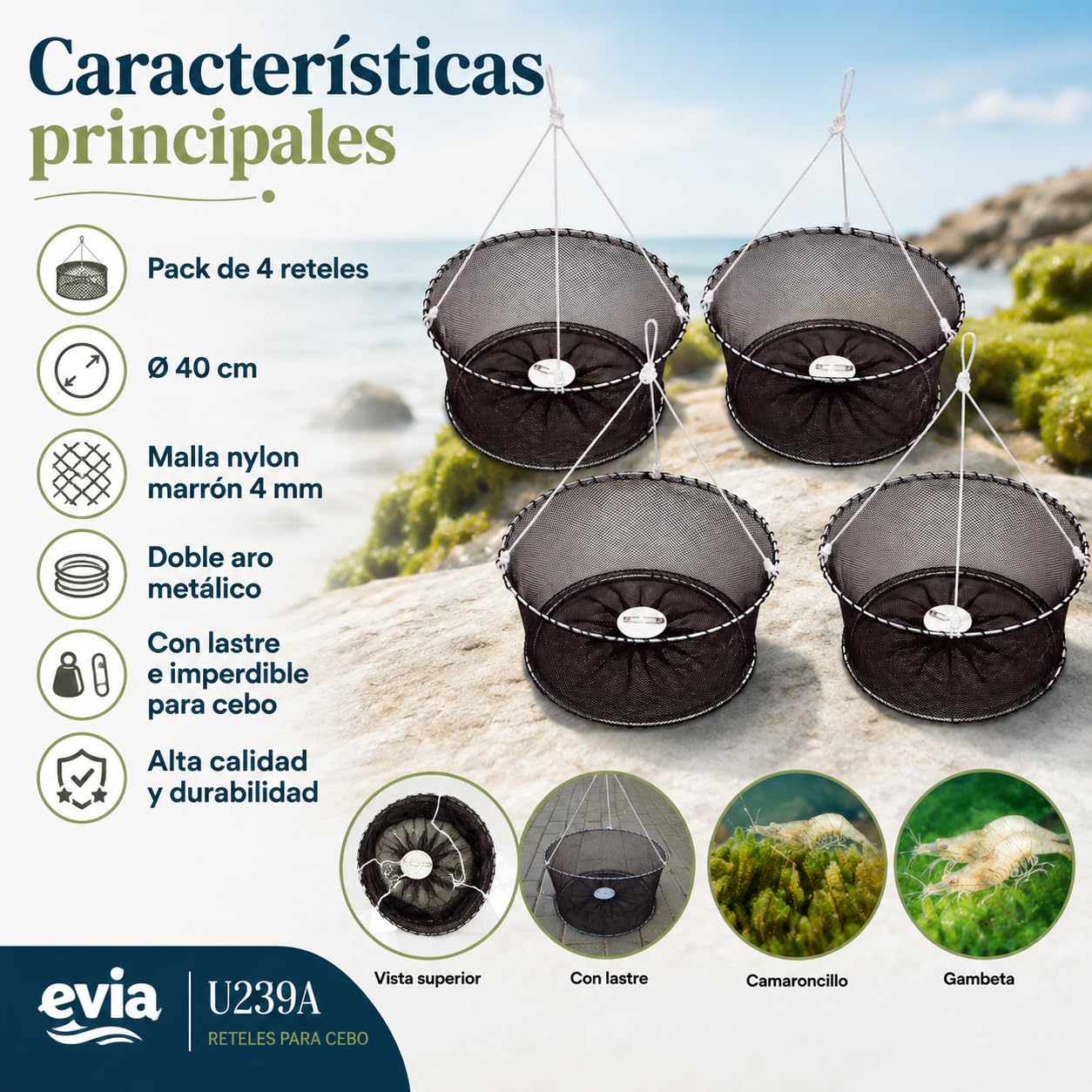 Pack 4 Reteles para Quisquillas y Camarones de Agua Salada | Doble Aro Metálico de 40 cm con Lastre e Imperdible malla 4 mm Agua Salada