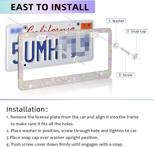 Miniatura 5 de Marco de matrícula brillante con caja de regalo, paquete de 2 marcos de matrícula de diamantes de imitación, hecho a mano, soporte para placa de