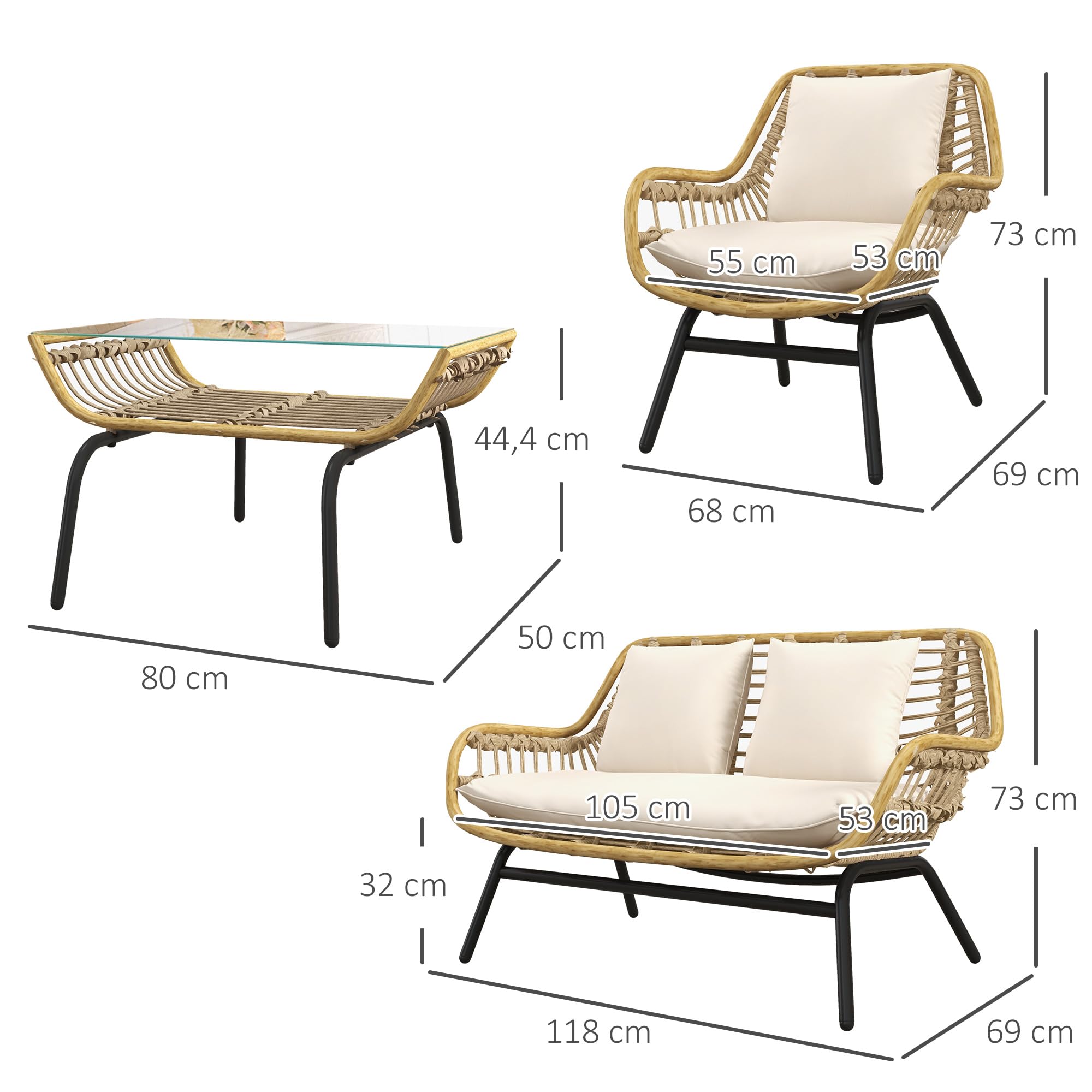 Outsunny Salon de Jardin 4 pers. 4 pièces Style Exotique métal époxy résine Imitation Coussins Grand Confort Inclus Polyester Beige