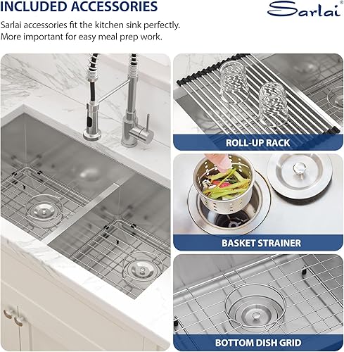 Vista 153 de Sarlai Fregadero doble de 33 piezas para empotrar - Fregadero de cocina de 33 x 19 pulgadas, acero inoxidable de calibre 16, esquina redonda, doble