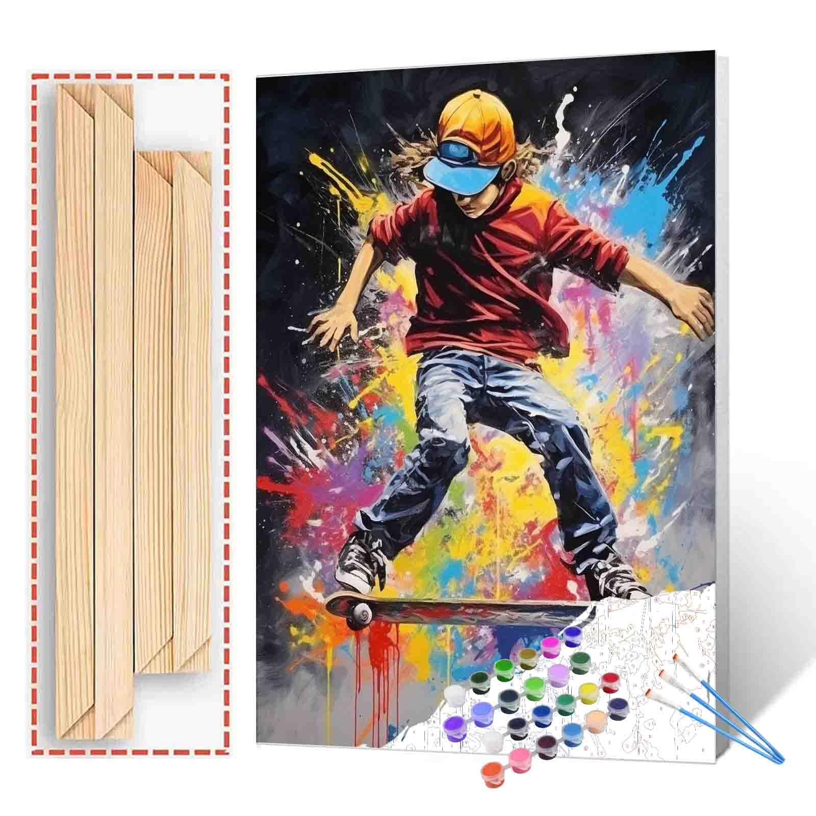 Skater in Jeans and Sneakers Paint by Numbers Kits with Brushes,Graffiti Skateboard Acrylic Oil Painting for Adults Kids Skating Pictures Street Cultures Arts Craft Boy Room Office Decor (DIY Frame)