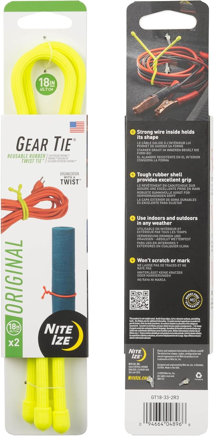 Nite Ize Gear Tie Reusable Rubber Twist Tie - Bendable Rubber Ties for Indoor & Outdoor Use - Reusable Multipurpose Twist Ties for Organizing & More - 18", Neon Yellow (3 Pack)