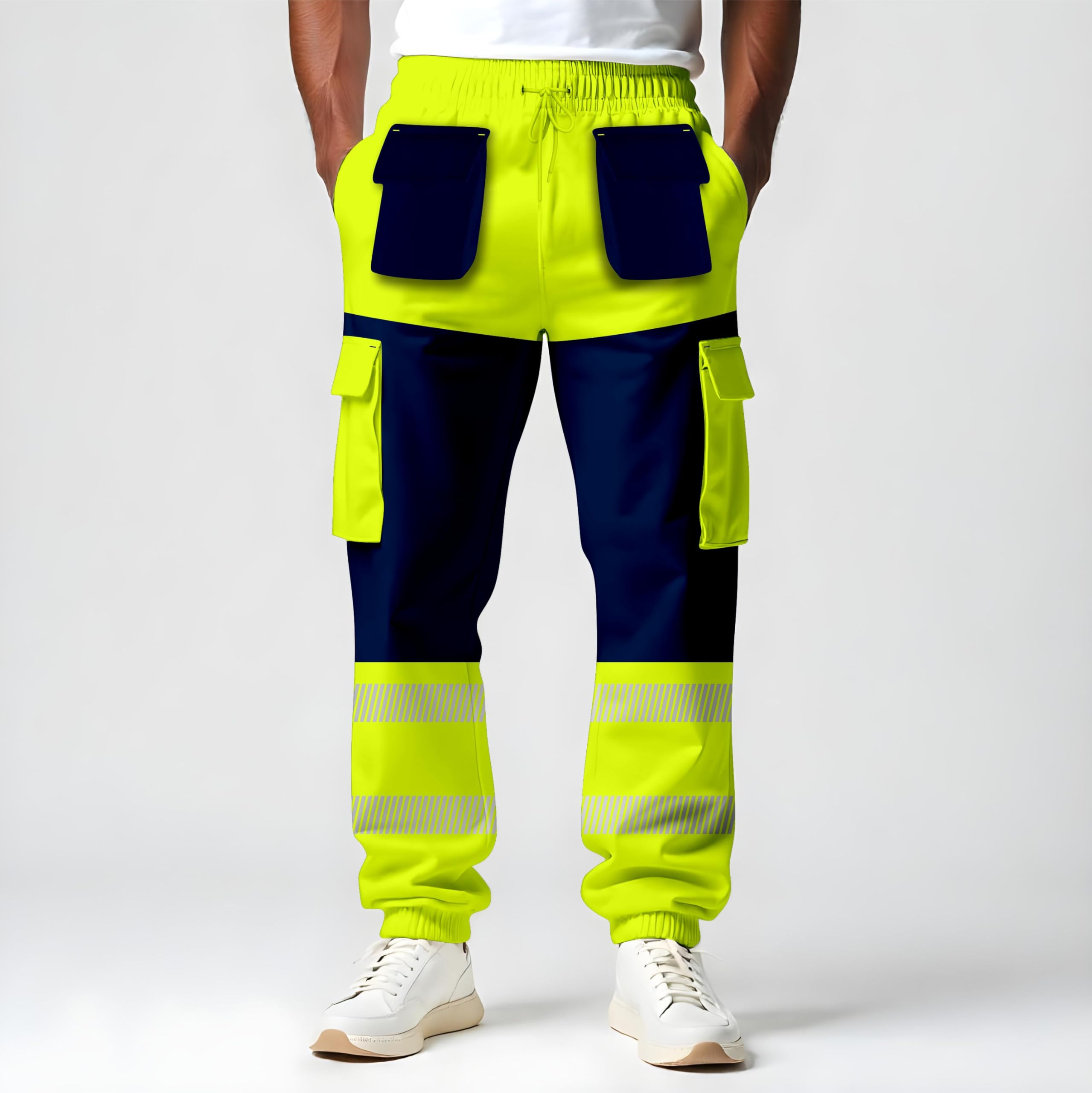 TORO ACTIVA Pantaloni cargo da uomo ad alta visibilità ad alta visibilità con tasche multiple e nastro riflettente con coulisse in vita elasticizzata alla caviglia abbigliamento da lavoro joggers