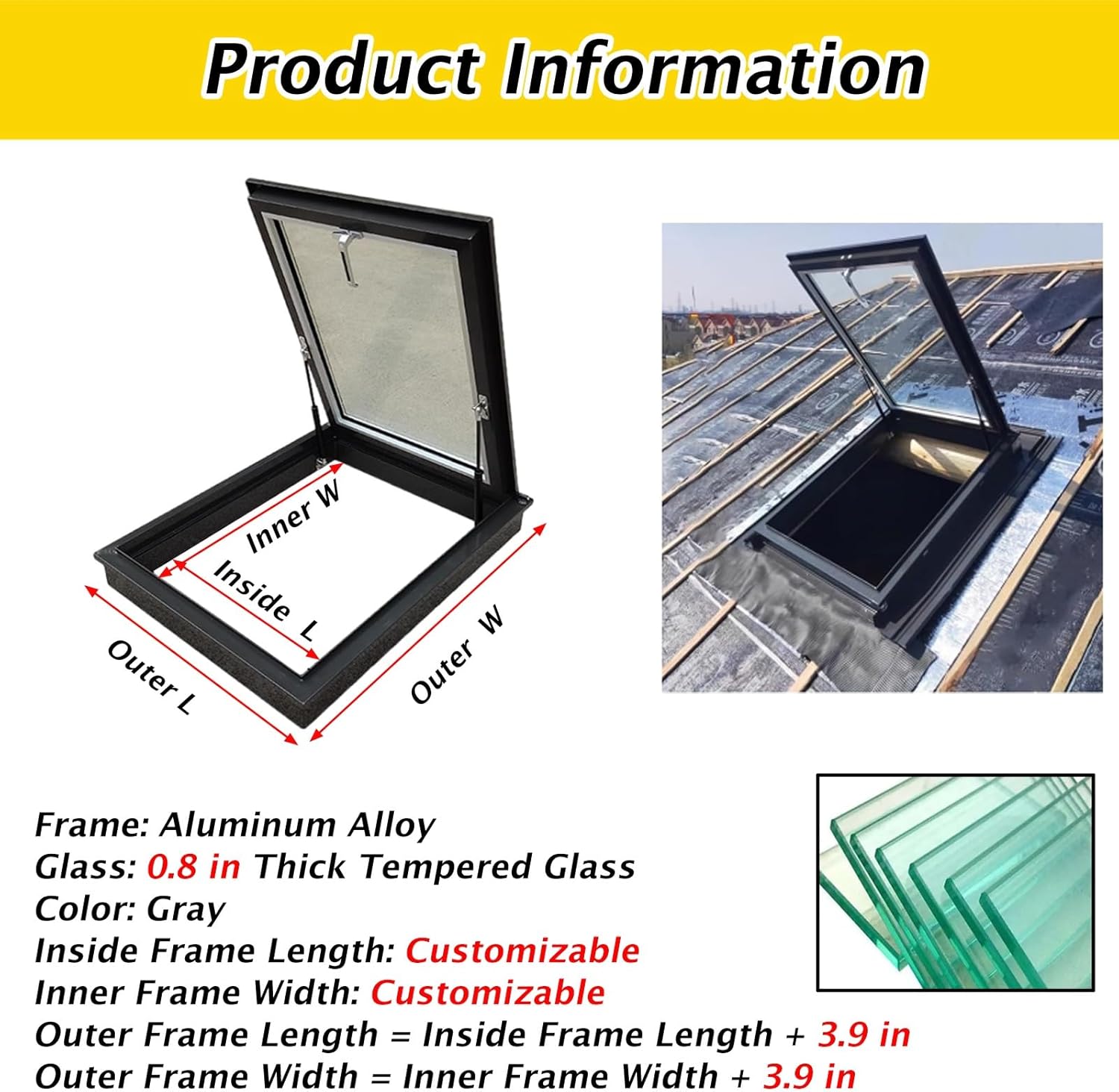 14x14 40x40 Skylight Window - Attic Skylight Lids with 0.8" Double-Layer Tempered Glass & Gas Strut Rods, Large Basement Roof Access (14x28in) for Optimal Natural Light