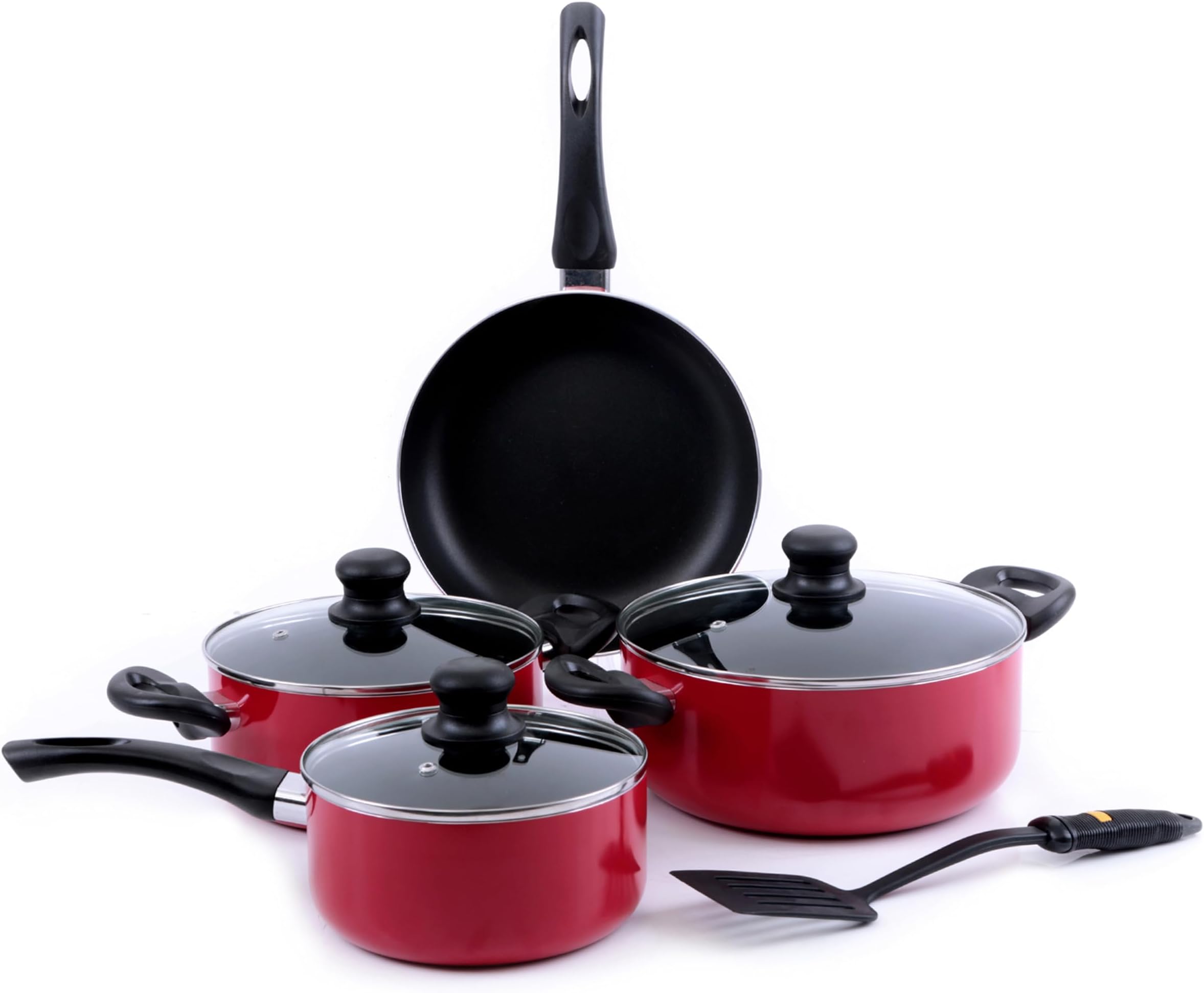 Cookware Set, 8 Pieces, Red, RF6082 Scratch Resistant, Tempered Glass Lids, 2.5MM Body Thickness, Bakelite Knobs, and CD Bottom