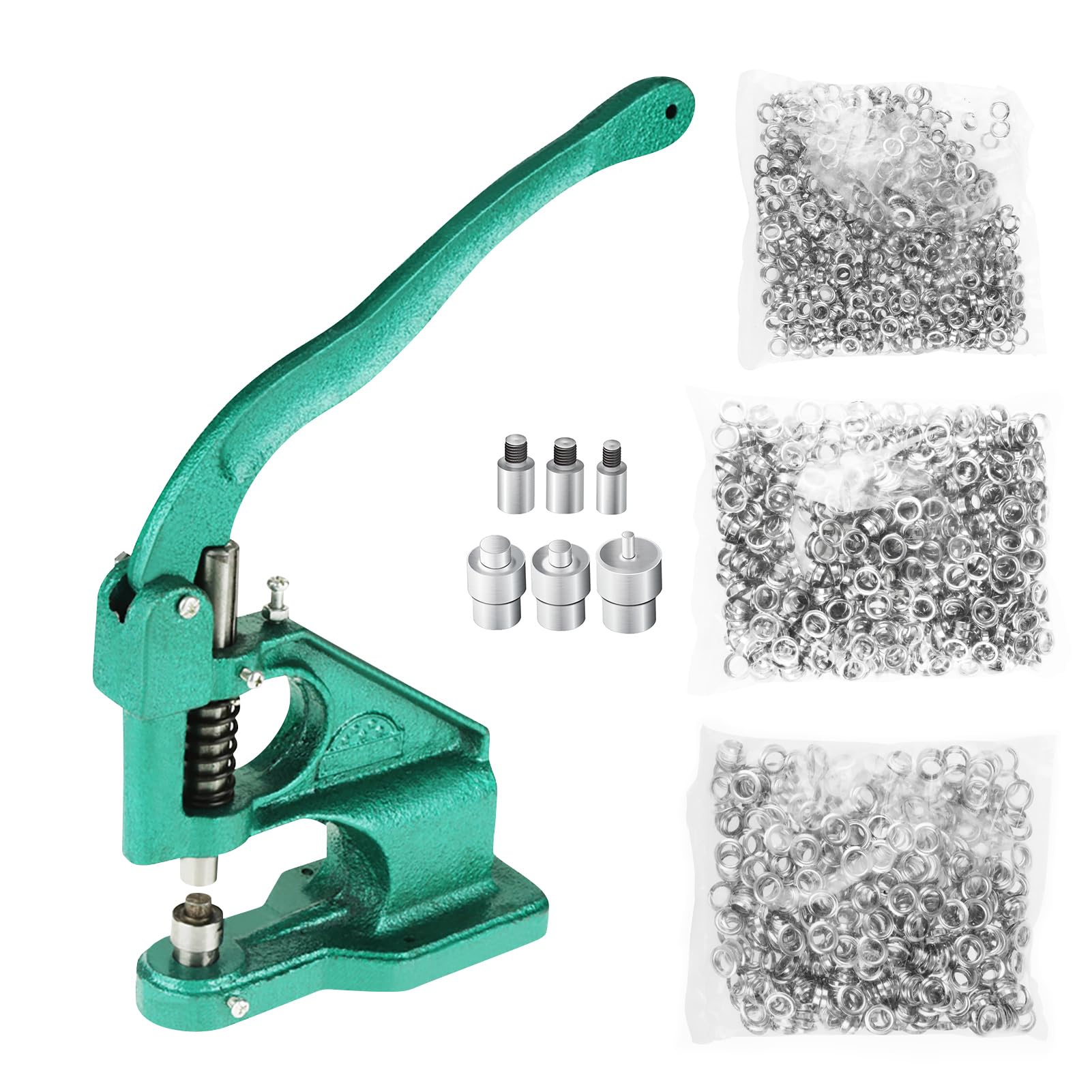 Hand Press Grommet Machine, Heavy Duty Grommet Eyelet Rivet Press Machine Industrial Table Mount Hole Punch Tool Kit with 3 Dies and 1500 Grommets for DIY Craft