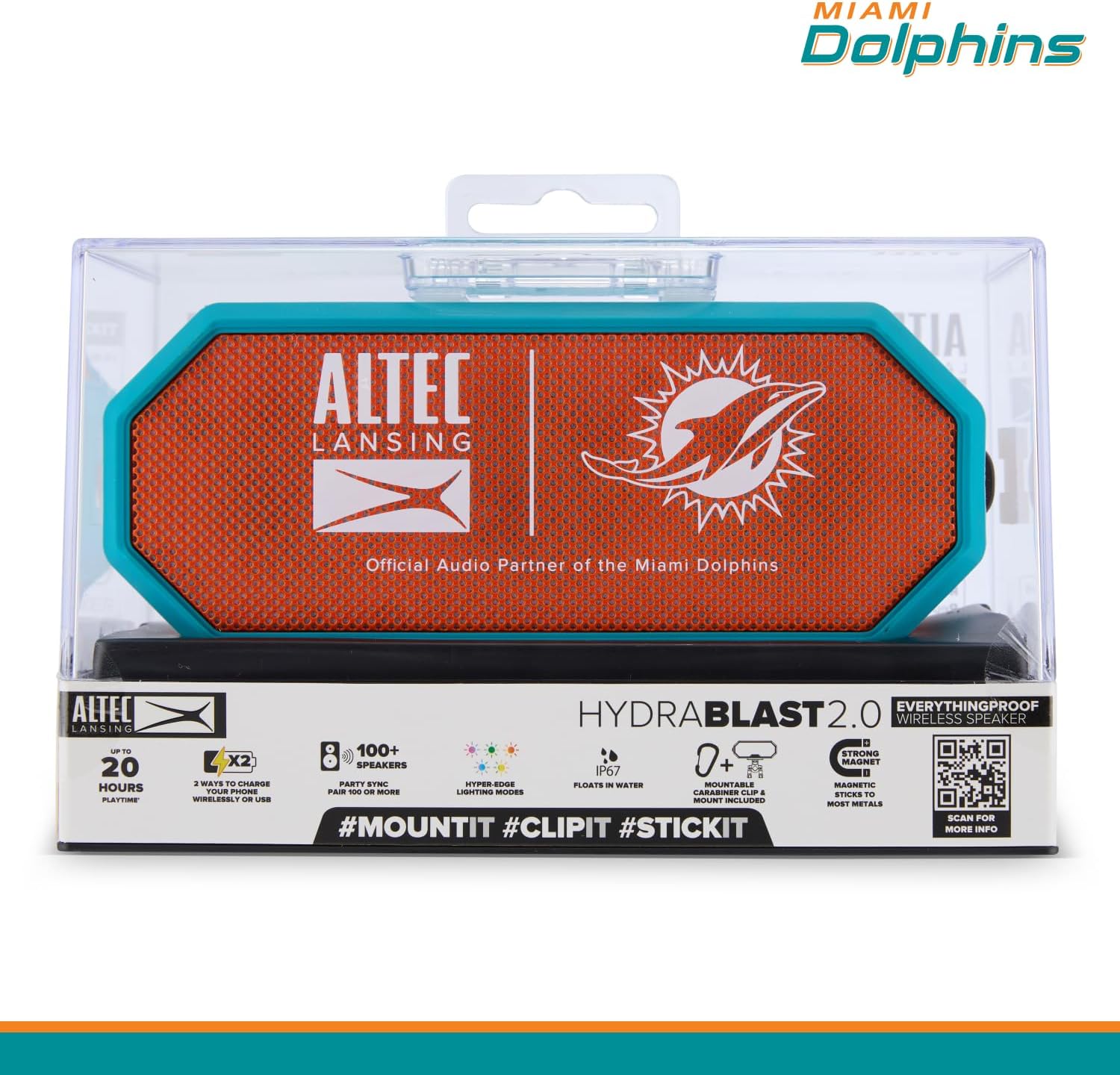 Altec Lansing HYDRABLAST 2.0 speaker in retail packaging, showing features like 20 hours playtime, 100+ speakers sync, IP67 waterproof, and magnetic mounting.