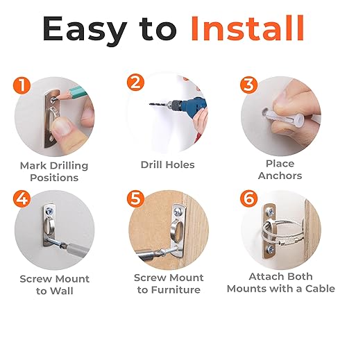 Miniatura 5 de Paquete de 12 anclajes para muebles, correas antipuntas para muebles a prueba de bebés, anclaje de pared para muebles, correas de terremoto para