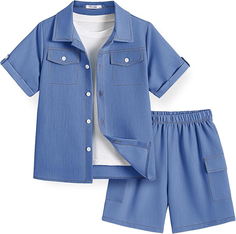 Boys' Woven Shorts Set Academic Style Button Down Shirt and Denim Shorts Outfits Casual yet Dressy Clothes