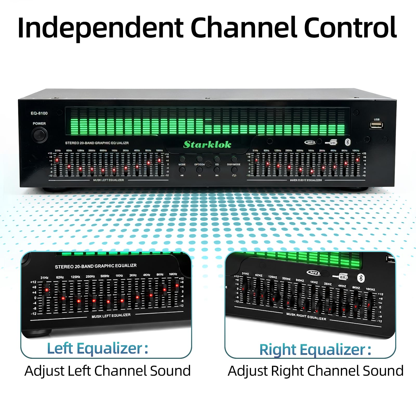 31-pasmowy korektor cyfrowy, stereo Graphic Equalizer z Bluetooth 5.4, 12 trybów rytmu, analizator widma muzyki, optyczny/współosiowy dekoder audio, redukcja szumów do studia i wykonywania muzyki