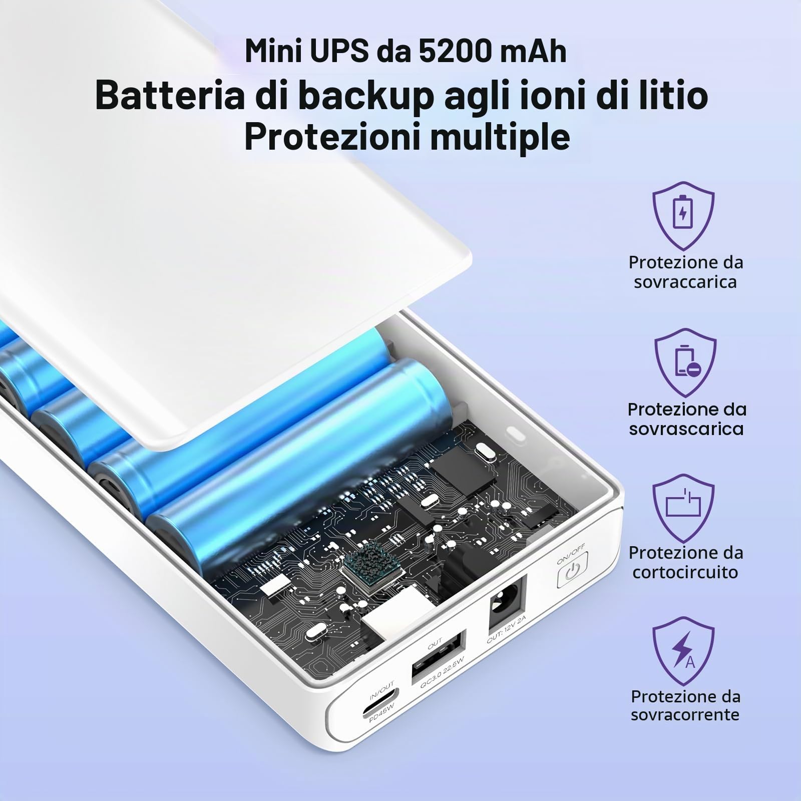 NASTIMA PD 45W 12V Power Bank 5200mAh 56,16Wh Batteria Agli ioni di Litio | con Uscita 12V DC e 5V USB-A QC3,0 Type-C Tripla Uscita per Strisce LED, Telecamere a Circuito Chiuso, Videocamere, Binocoli