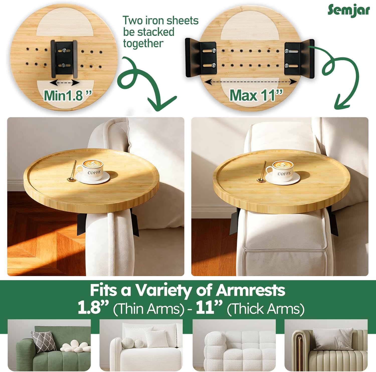 Bamboo Couch Arm Tray,12'' Space Adjustable Sofa Arm Table,Round Chair Arm Table Sofa Armrest Tray for Thin & Wide Couches Arm,Snack Armchair Couch Caddy