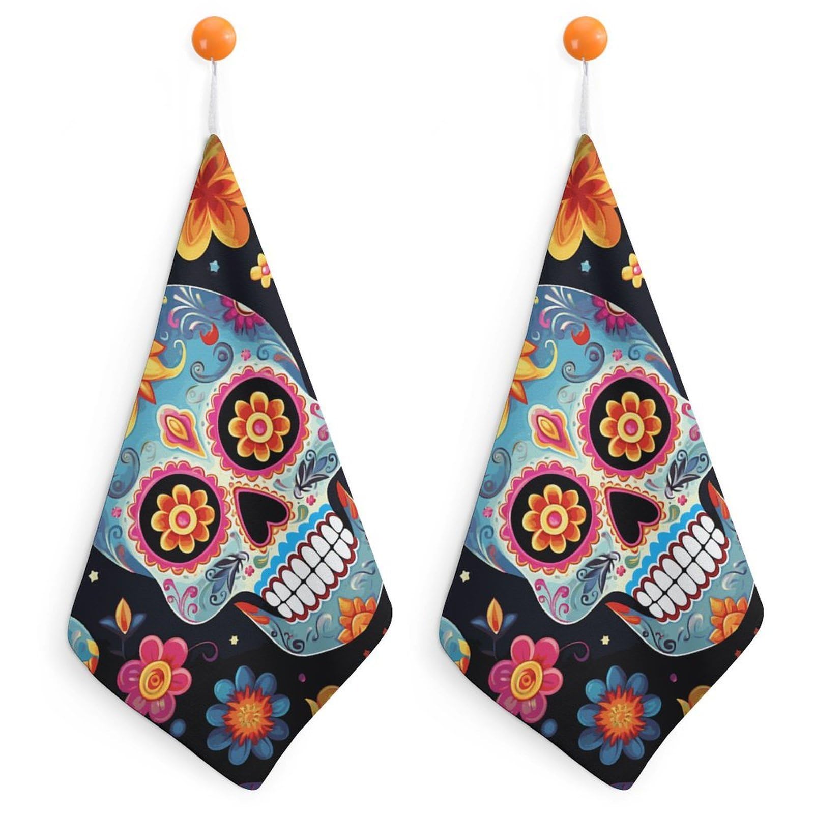 LDGSUPH Sugar Skulls Hand Towels Fashion Hand Face Towel with Hanging Strap Absorbent Soft Decorative Towel Fade Resistant Cozy Face Cloths for Kitchen Gym Bathroom Towels 2PCS