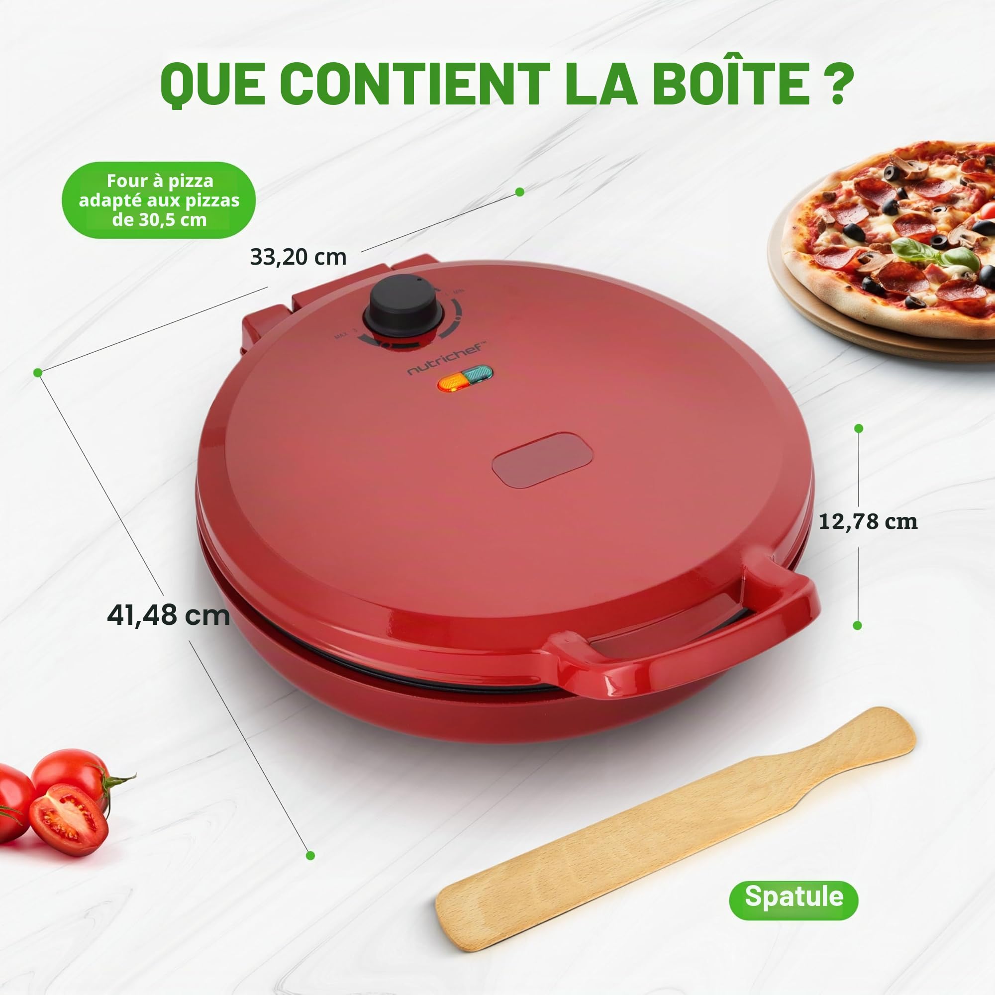 NutriChef Four à Pizza Électrique 1500W - Appareil de Cuisson Antiadhésif Ø30 cm - Idéal pour Pizza Maison, Pain Grillé, Œufs, Crêpes & Plus - Compact, Poignées Froides, Température 80-200°C - Rouge