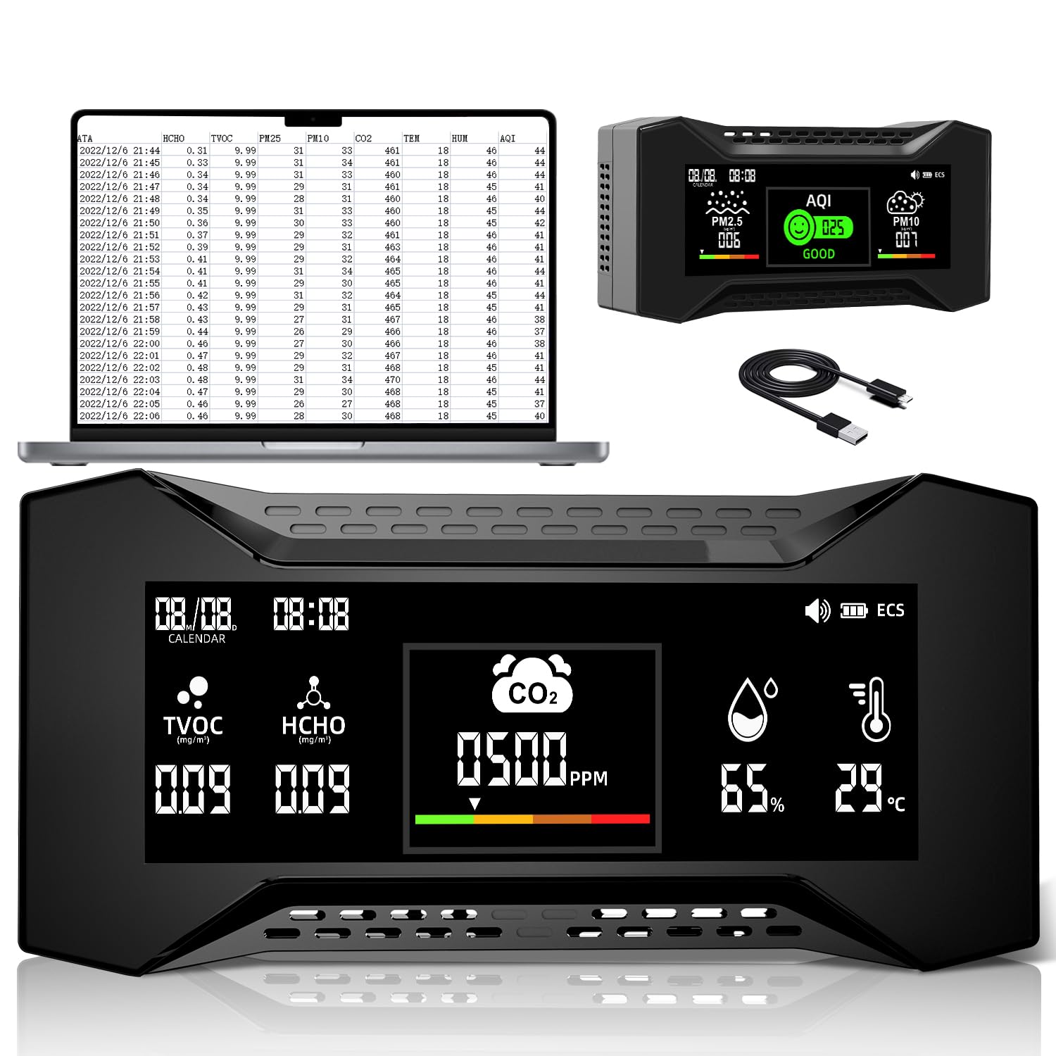 CF-20 DL 10-in-1 Monitor Della Qualità Dell'Aria Interna Con 1 Anno Di Dati, Rileva AQI, CO2, TVOC, HCHO, PM2.5, PM10, Temperatura, Umidità, Avviso Visivo e Acustico Del Rilevatore Di CO2