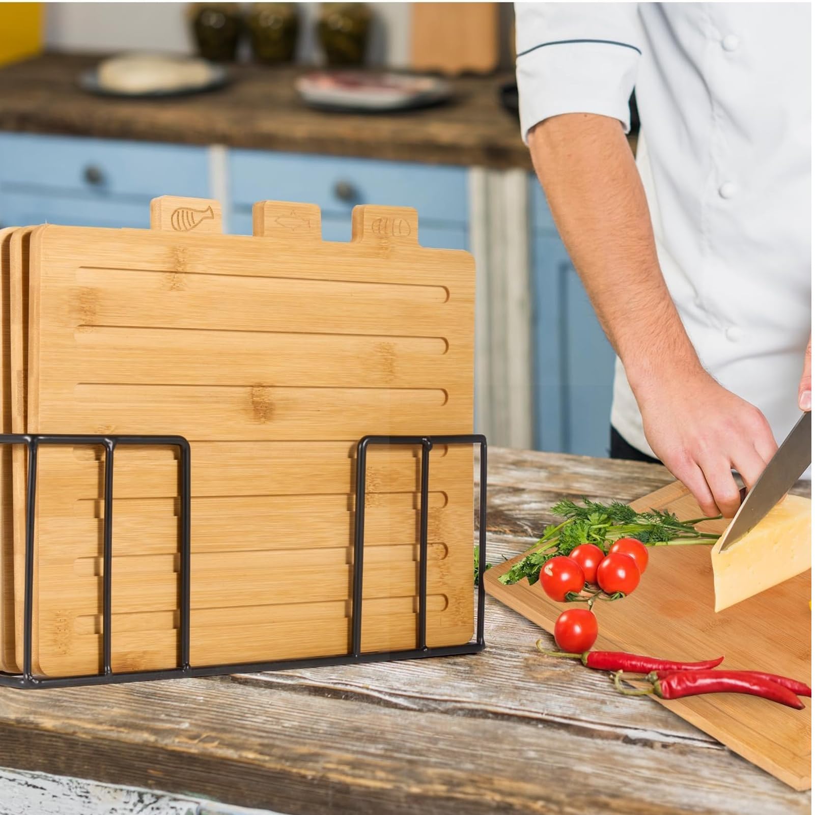 Tagliere per Alimenti per Preparazione Cibo in Legno con Supporto | Set di Taglieri in Legno per Alimenti Adatto A Famiglia Uomini Cucina Casa Dispensa Appartamento Ristorante Caffè