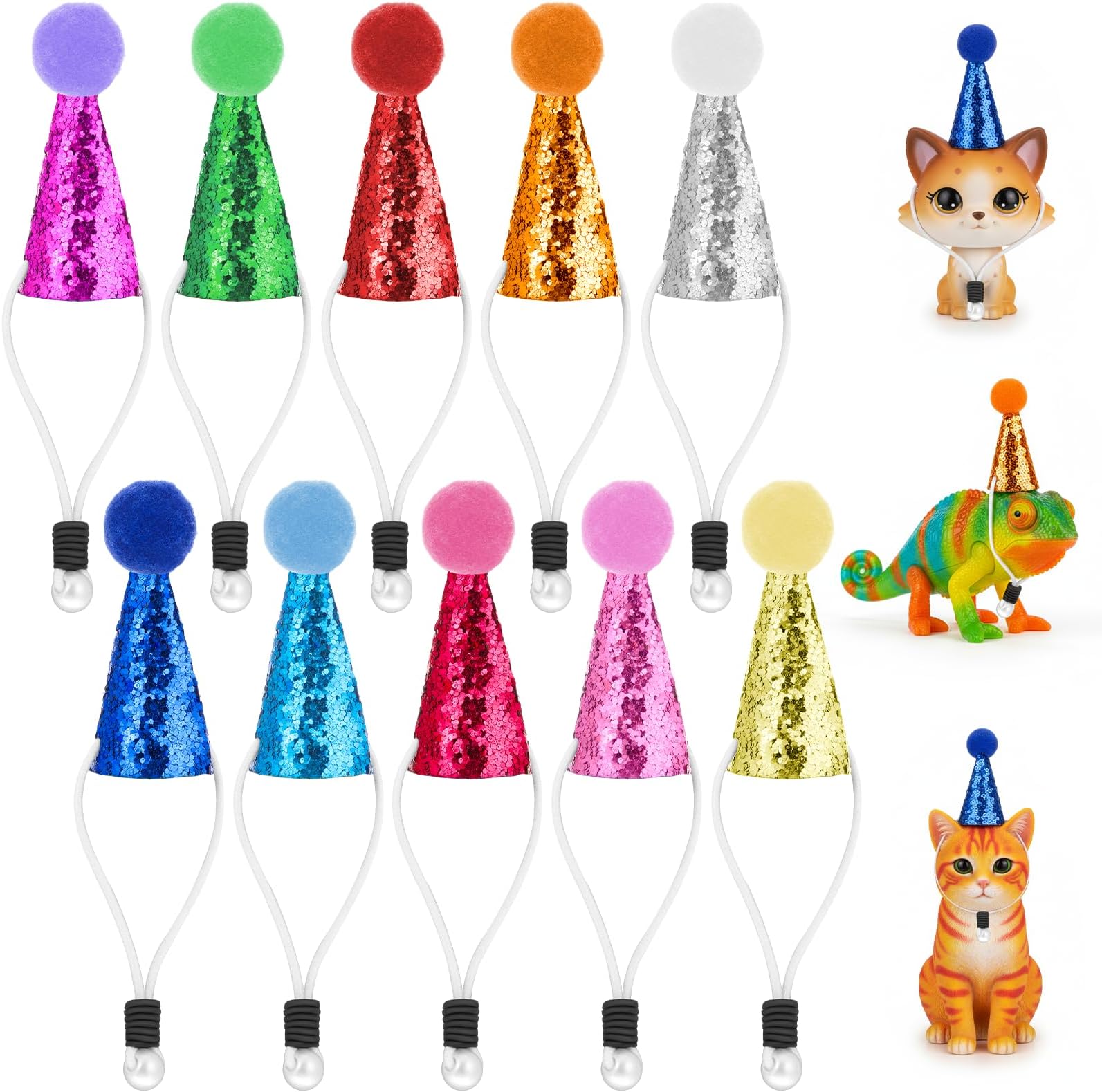 10 Pack Mini Party Hats for Stuffed Animals Figures, Mini Birthday Hats Glitter Cone Party Hat Colorful Decor Adjustable Cone Hat with Tinsel Pom Pom Birthday Toppers Accessories
