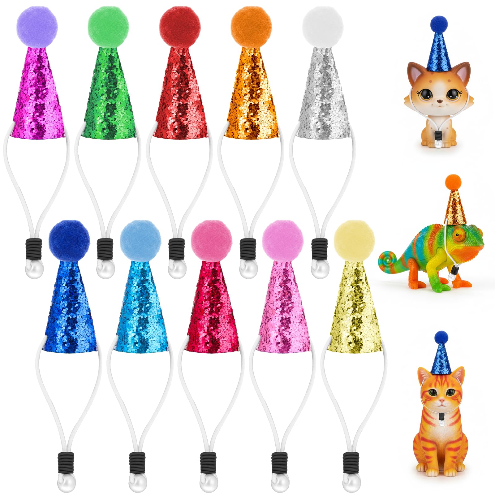 10 Pack Mini Party Hats for Stuffed Animals Figures, Mini Birthday Hats Glitter Cone Party Hat Colorful Decor Adjustable Cone Hat with Tinsel Pom Pom Birthday Toppers Accessories