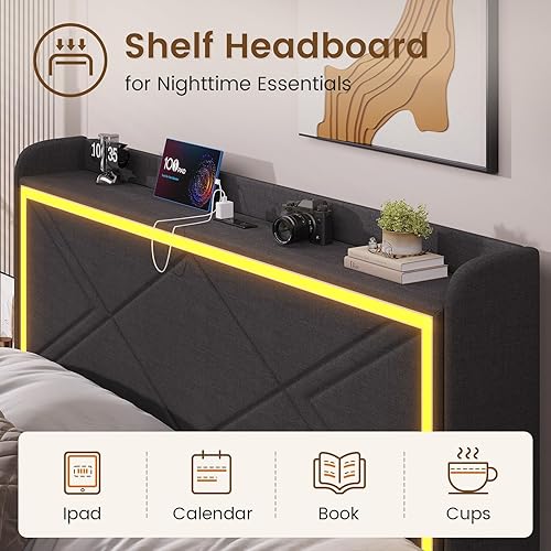 Miniatura 5 de Base de cama Queen con cabecero de luces LED RGB y estación de carga USB-CA, moderna plataforma tapizada con cajones de almacenamiento, listones de