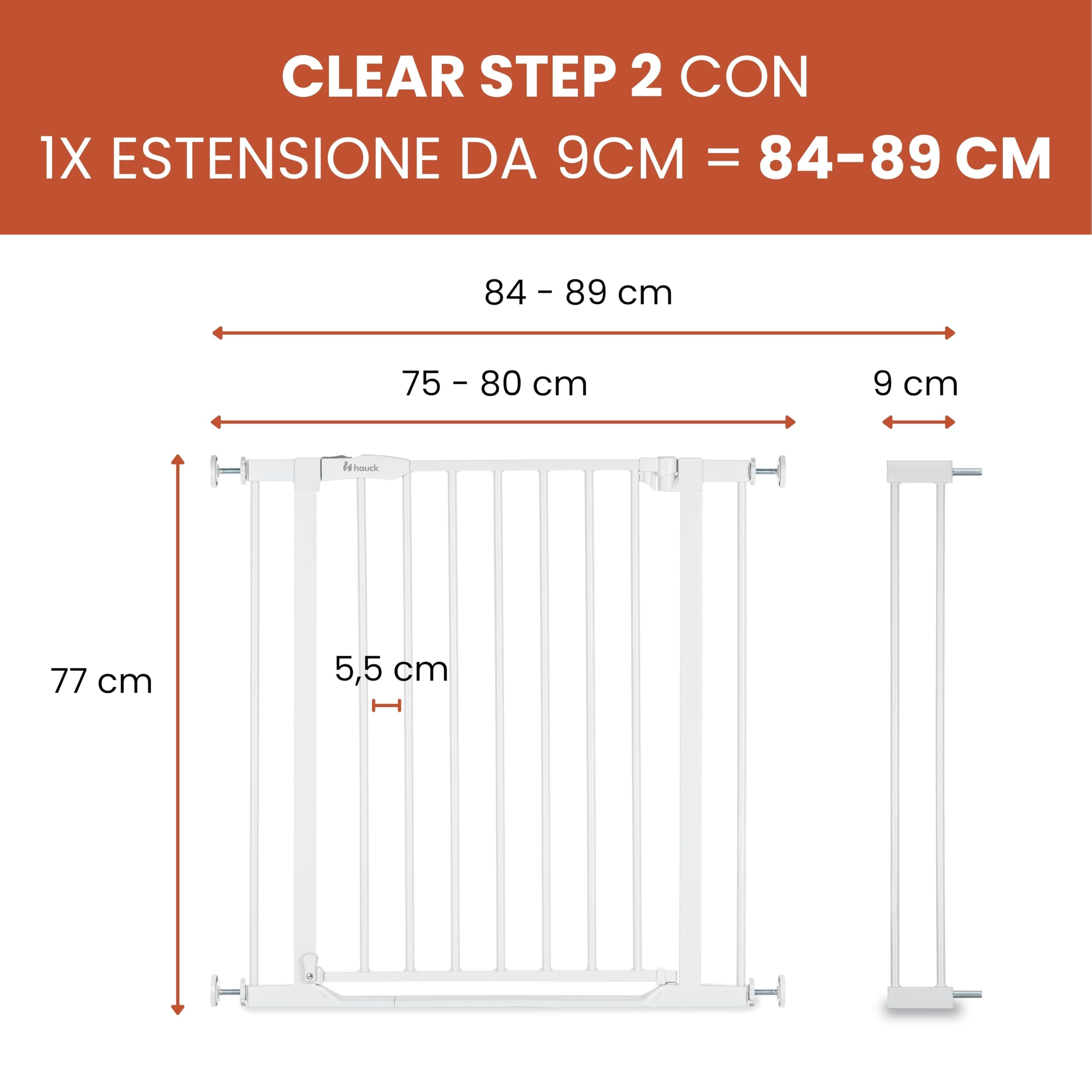 hauck Clear Step 2 + Estensione da 9 cm, Bianco - Cancelletto per Bambini Cani, Larghezza Regolabile da 84 a 89 cm, Alto 77 cm, Base Piatta, Apribile con una Mano in Entrambe Direzioni, per Interno