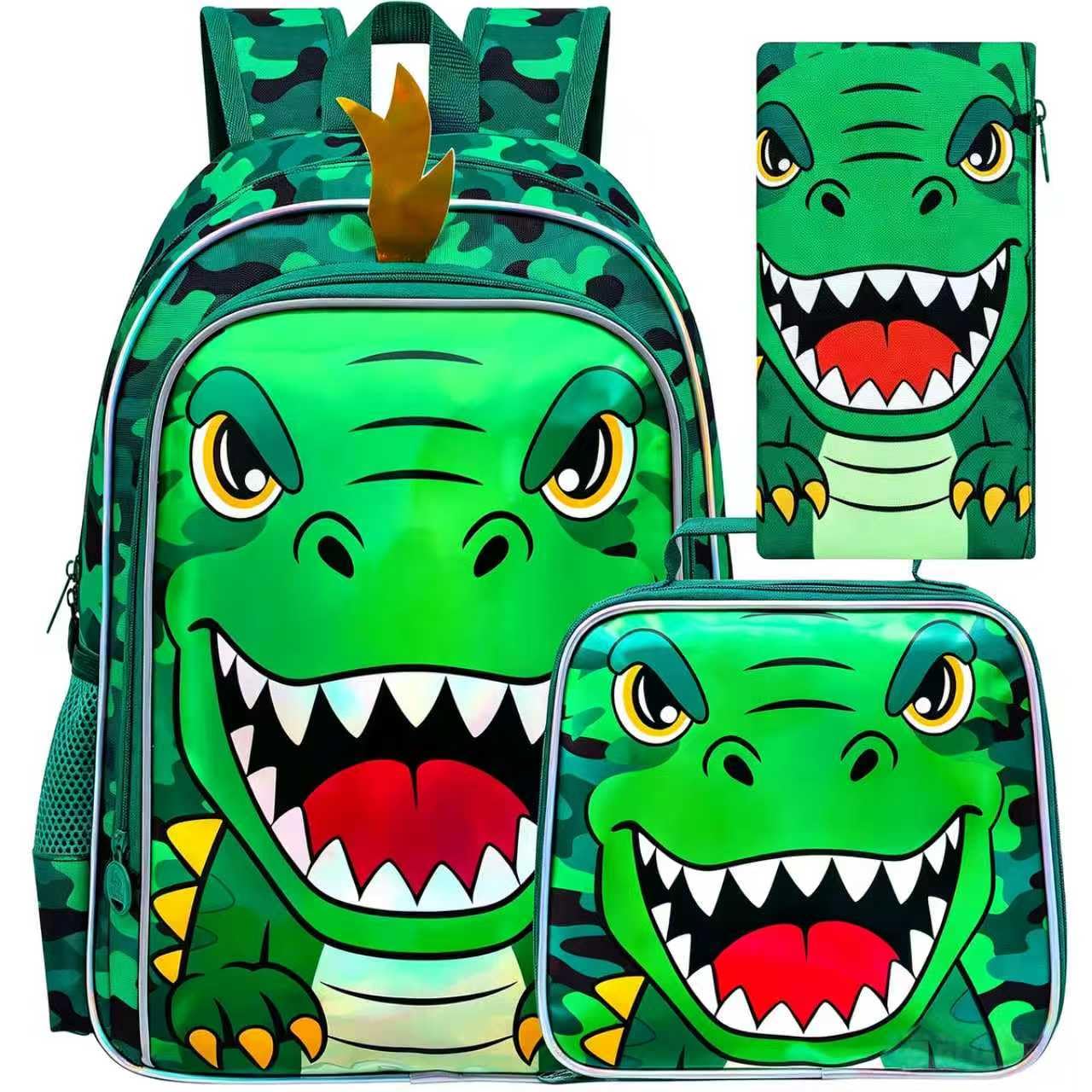 16" Dinosaur Backpack for Boys, 3Pcs Dino Kids Bookbag with Lunch Box, School Backpacks for Elementary Preschool Kindergarten (Green)