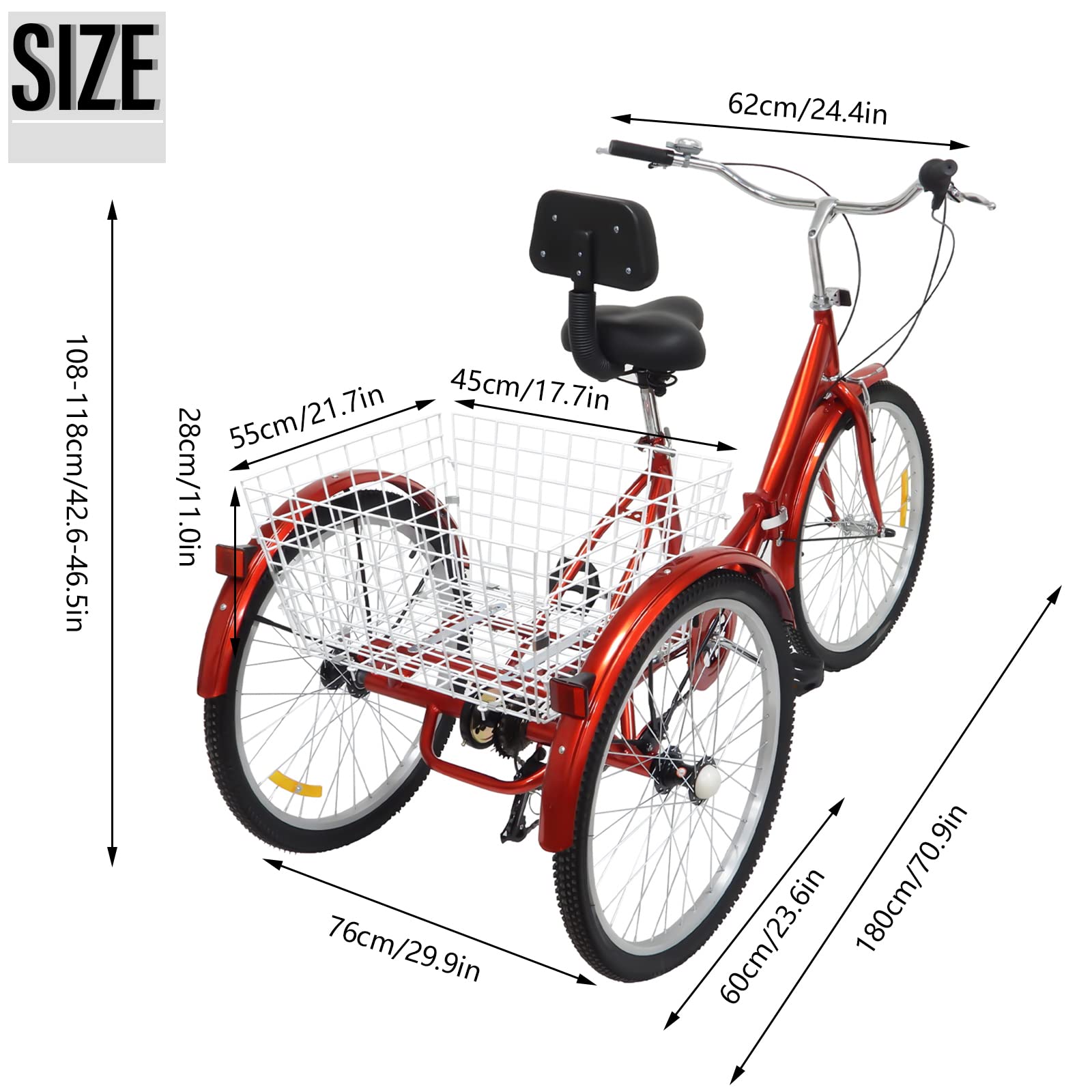 Tricycle Adulte 24" Tricycle Pliant de 24 Pouces pour Adultes Seniors Vélo Cruiser à 3 Roues avec Panier 7 Vitesses Siège Confortable avec Dossier