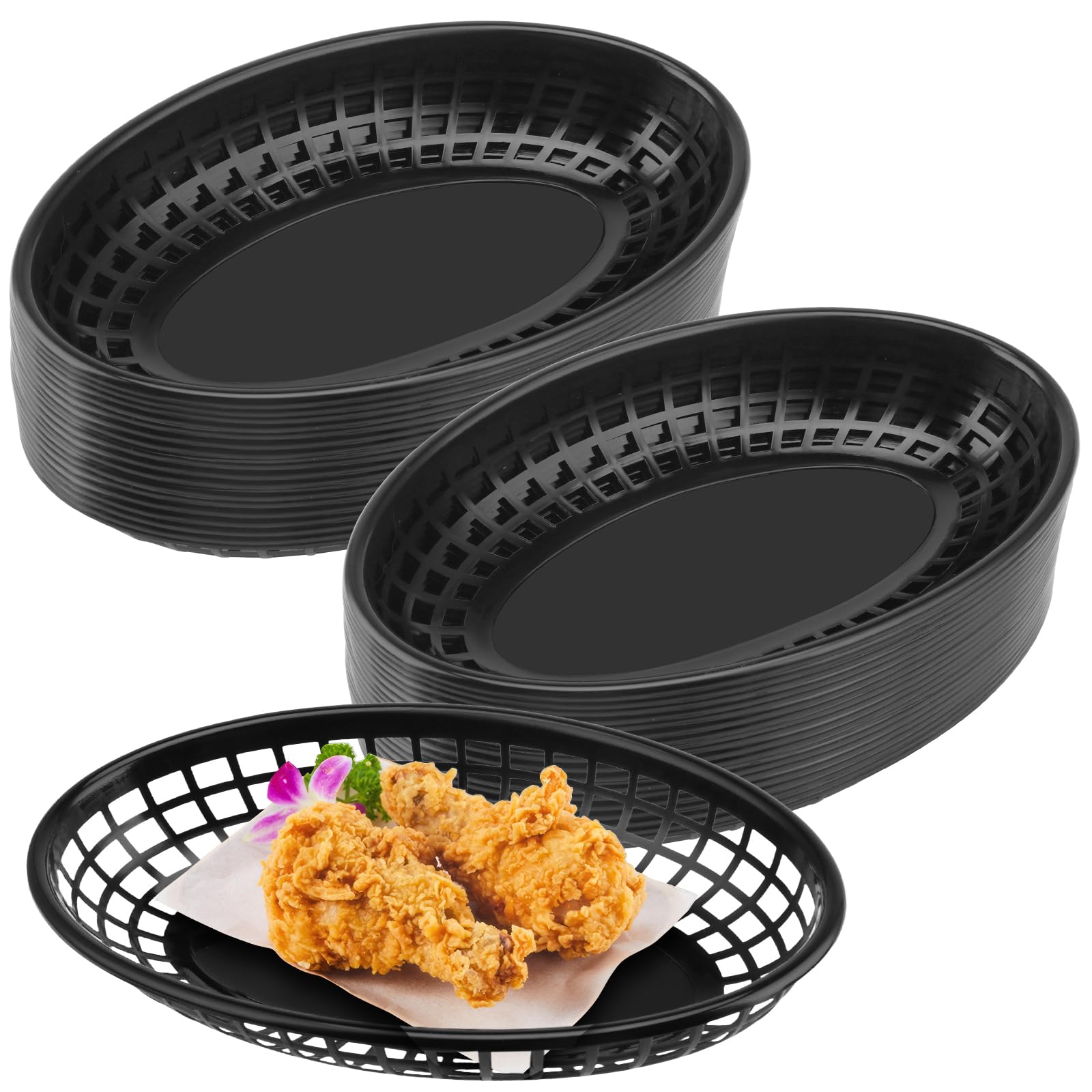 JAPCHET 50 PCS 24 x 15.5 x 4.7cm Black Fast Food Baskets, Plastic Oval Serving Basket for Burgers, Sandwiches, Fries